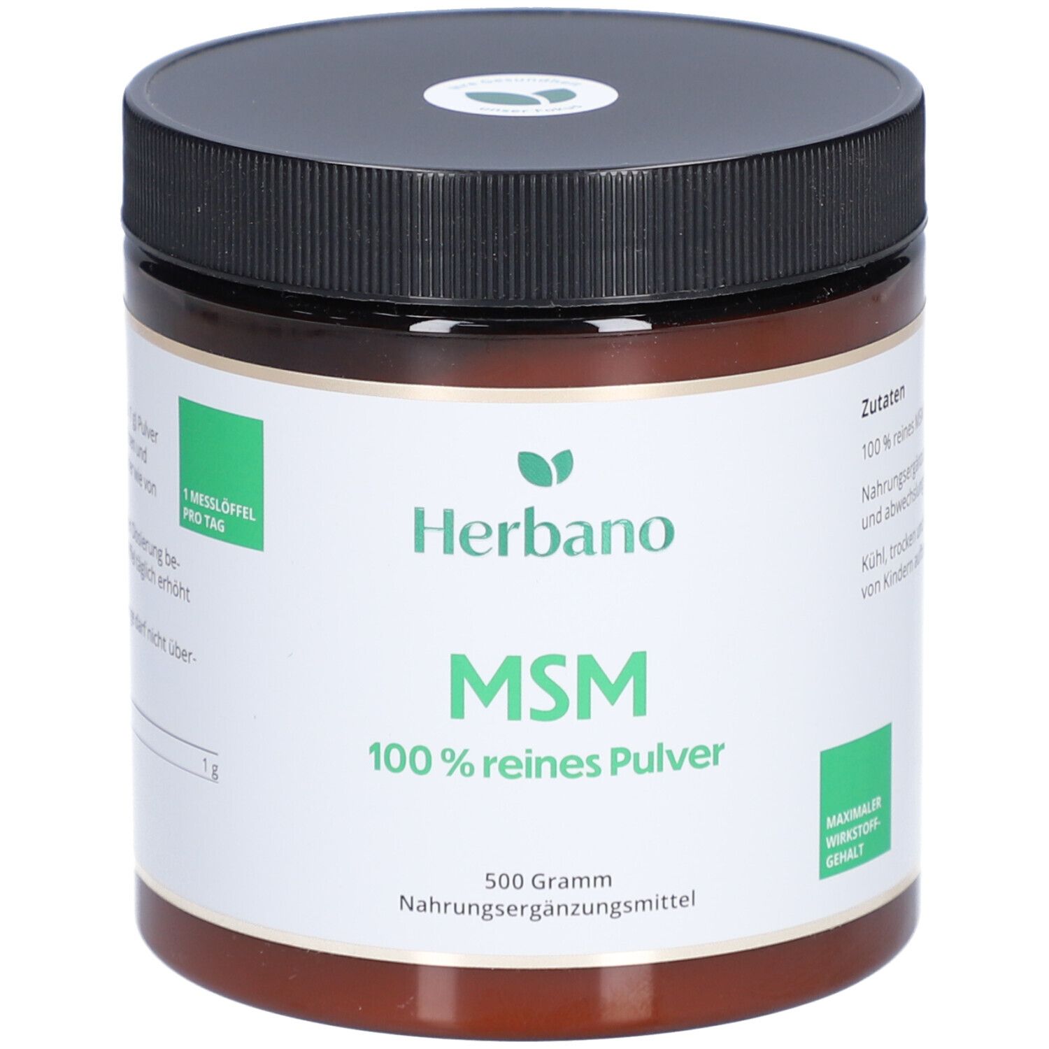 Braune Dose mit schwarzem Deckel. Aufschrift: Herbano MSM 100% reines Pulver. 500 Gramm. Nahrungsergänzungsmittel.