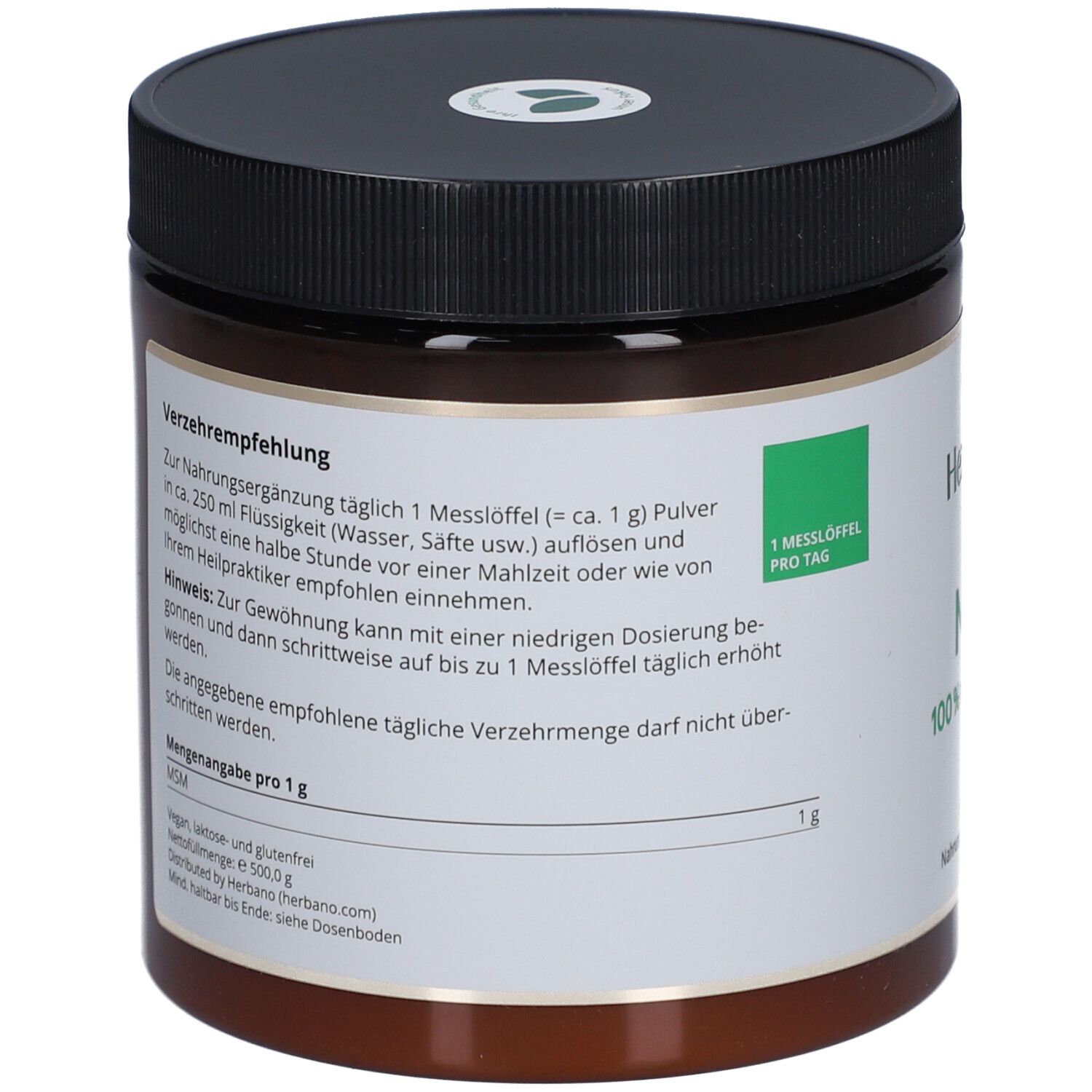 Braune Dose mit schwarzem Deckel. Text: Verzehrempfehlung, Nährwertangaben. Vegan, laktose- und glutenfrei. 500g. Hergestellt von Herbano.