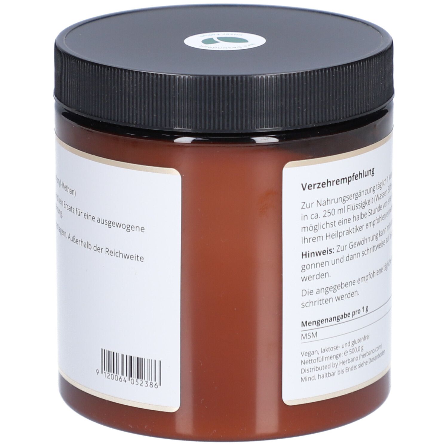 Braune Dose mit schwarzem Deckel. Text: Verzehrempfehlung, Nährwertangaben. Vegan, laktose- und glutenfrei. 500g. Hergestellt von Herbano.