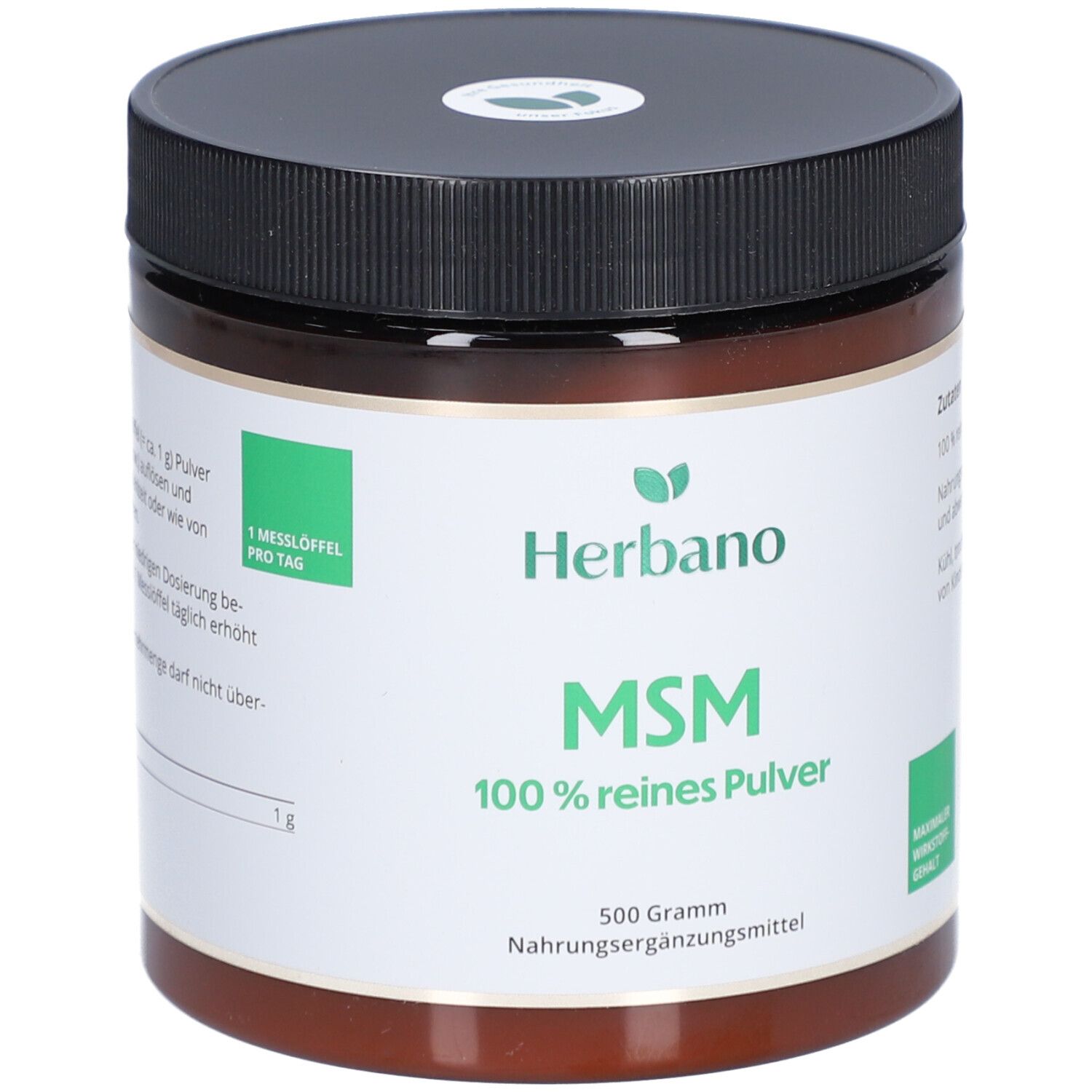 Braune Dose mit schwarzem Deckel. Aufschrift: Herbano MSM 100% reines Pulver. 500 Gramm. Nahrungsergänzungsmittel. Mit Dosierungshinweis.