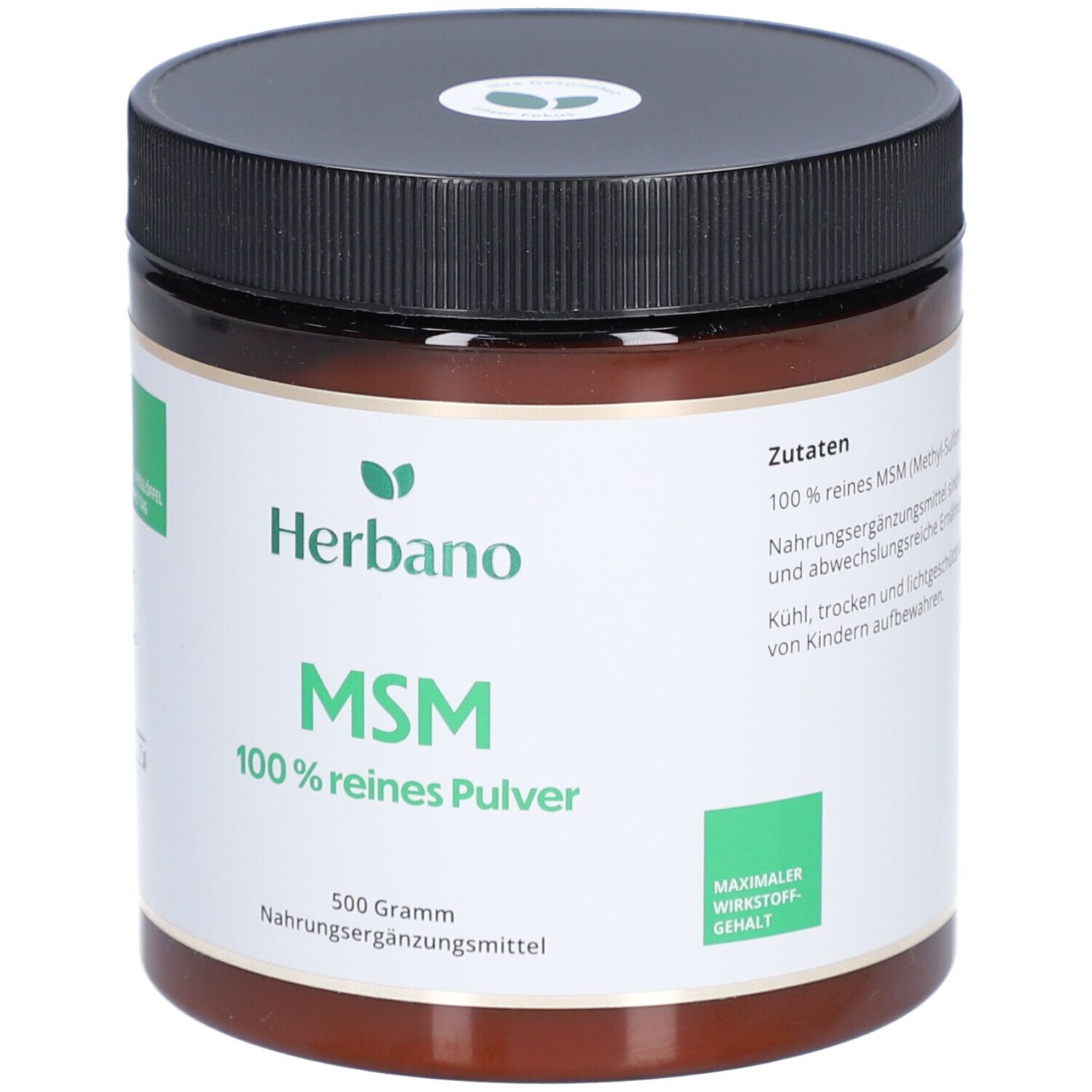 Braune Dose mit schwarzem Deckel. Aufschrift: Herbano MSM 100% reines Pulver. 500 Gramm. Nahrungsergänzungsmittel. Mit Qualitätssiegel.