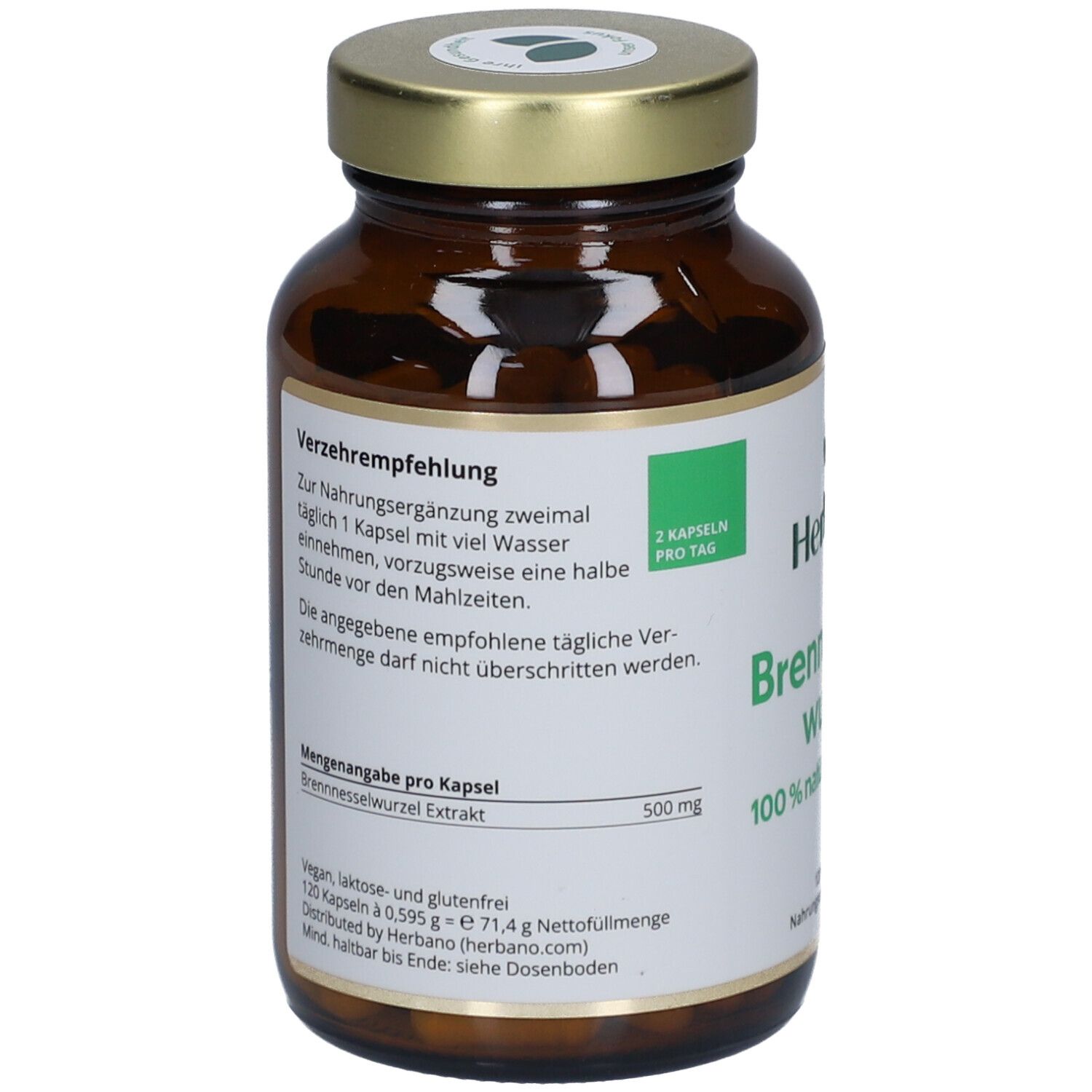 Braune Glasflasche mit goldenem Deckel. Etikett mit Text und grünen Akzenten. 120 Kapseln. Nahrungsergänzungsmittel. 500 mg.