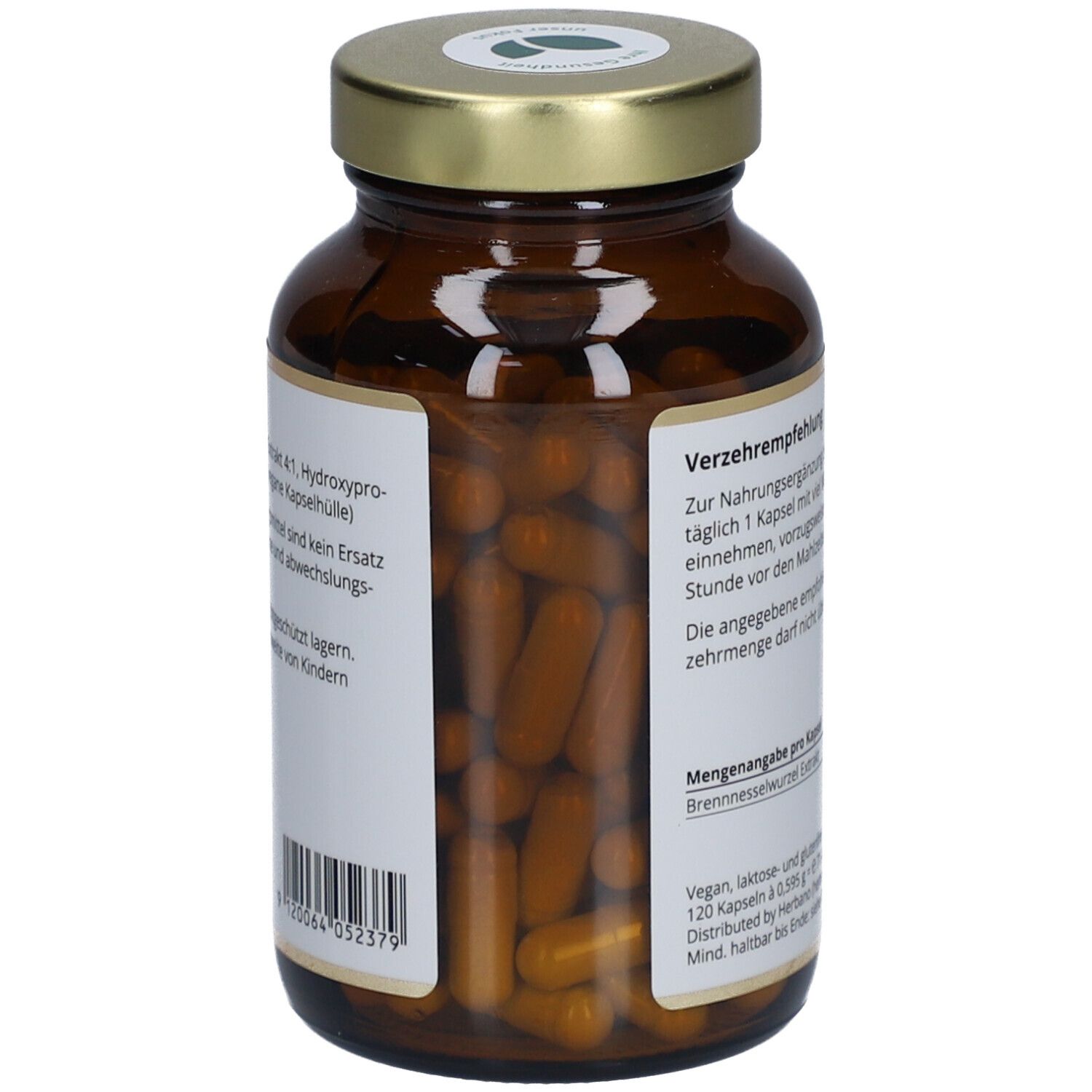 Braune Glasflasche mit goldenem Deckel, gefüllt mit braunen Kapseln. Etikett mit Text. 120 Kapseln. Nahrungsergänzungsmittel.