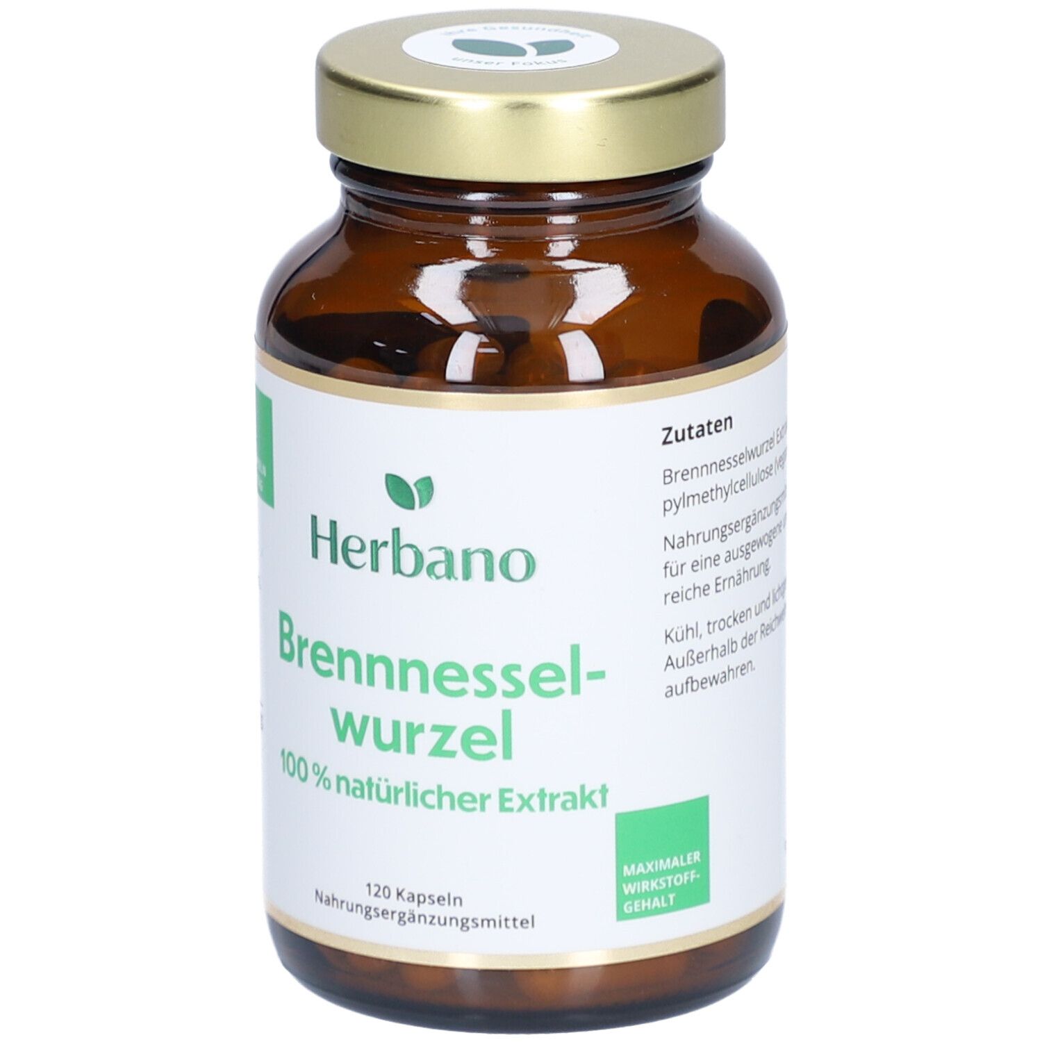 Braune Glasflasche mit goldenem Deckel. Etikett mit grünem Logo und Text. 120 Kapseln. Nahrungsergänzungsmittel. Maximaler Wirkstoffgehalt.