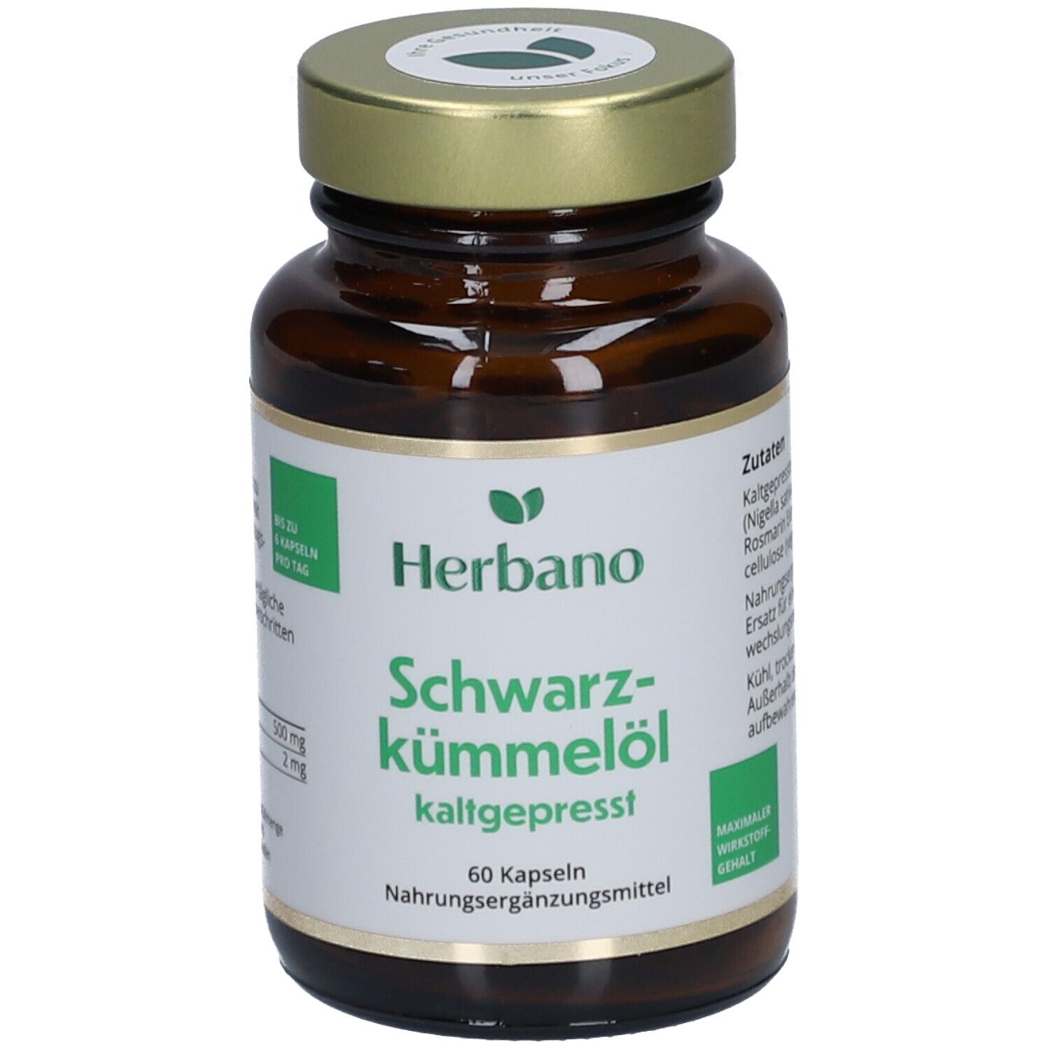 Braune Glasflasche mit Kapseln. Aufschrift: Herbano Schwarzkümmelöl kaltgepresst. 60 Kapseln.