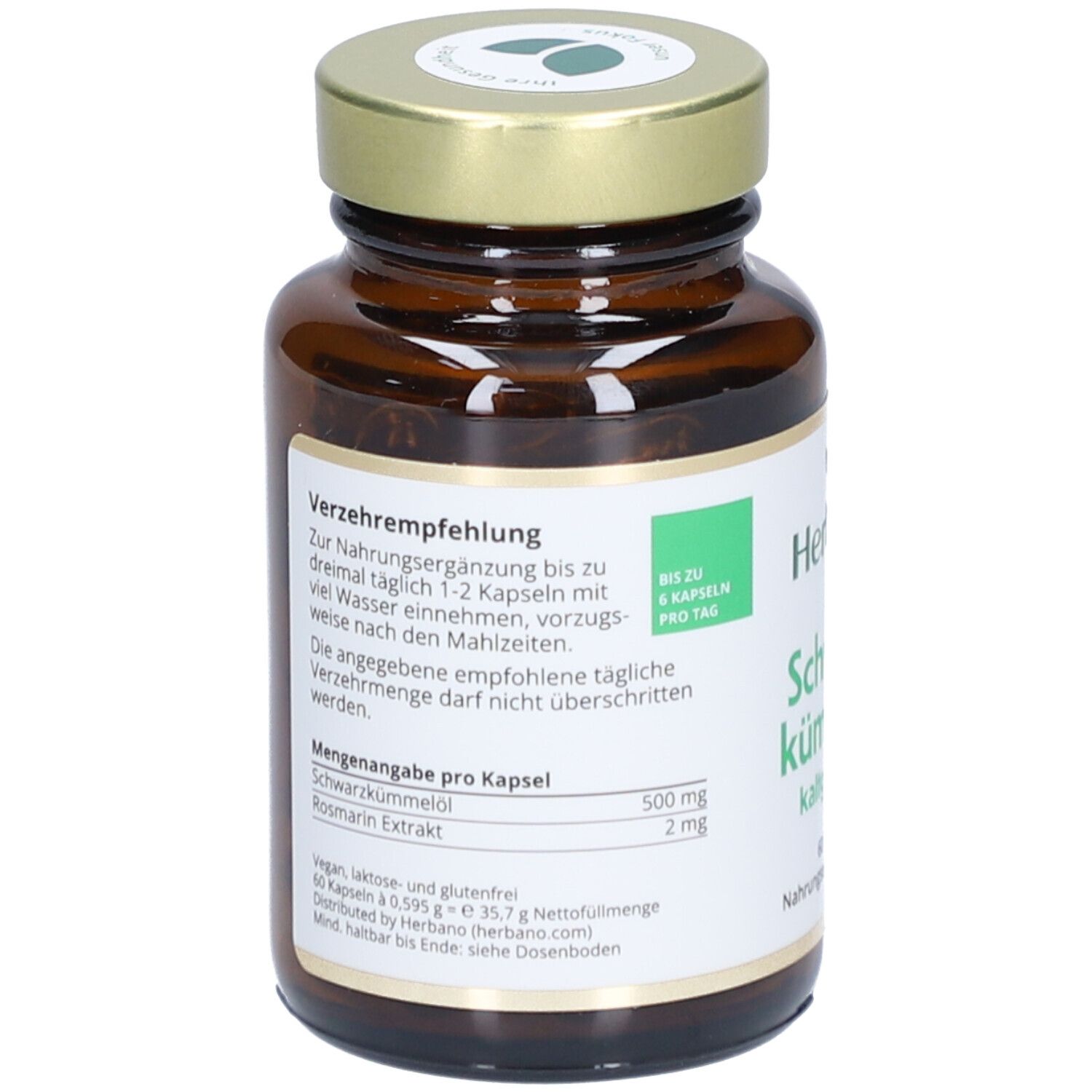 Rückseite der Flasche. Text: Verzehrempfehlung, Mengenangabe pro Kapsel: 500 mg Schwarzkümmelöl, 2 mg Rosmarinextrakt.