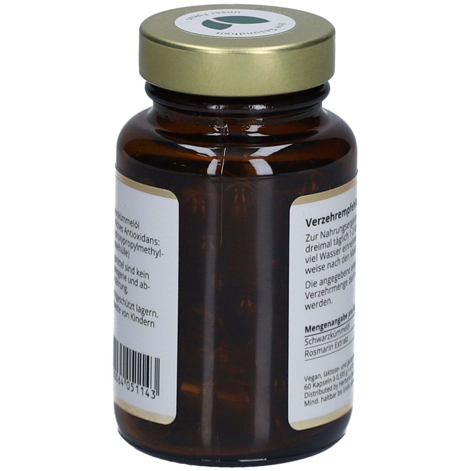 Rückseite der Flasche. Text: Antioxidantien, Zutaten, vegan, glutenfrei, Mindesthaltbarkeit, Chargennummer.