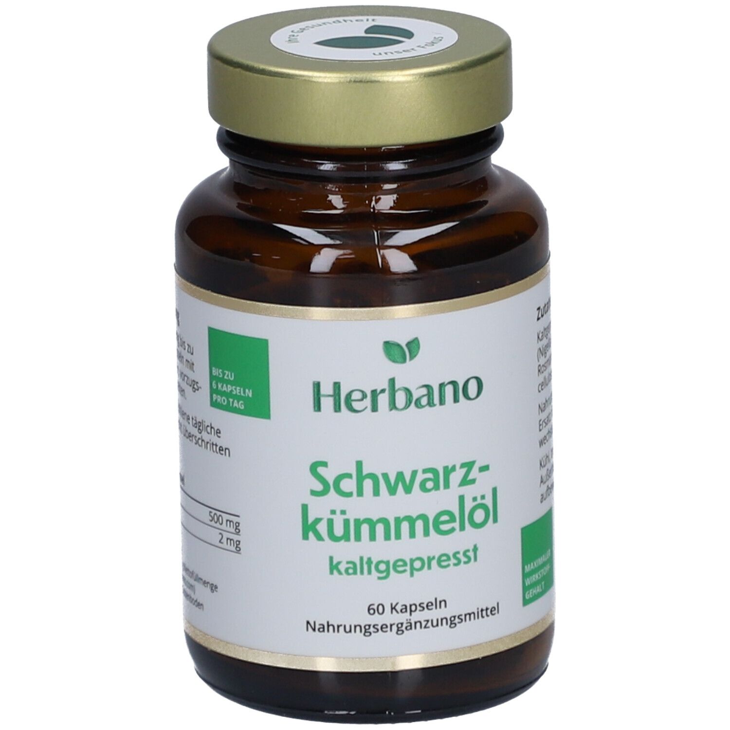 Braune Glasflasche mit Kapseln. Aufschrift: Herbano Schwarzkümmelöl kaltgepresst. 60 Kapseln. Grün-weißes Etikett.