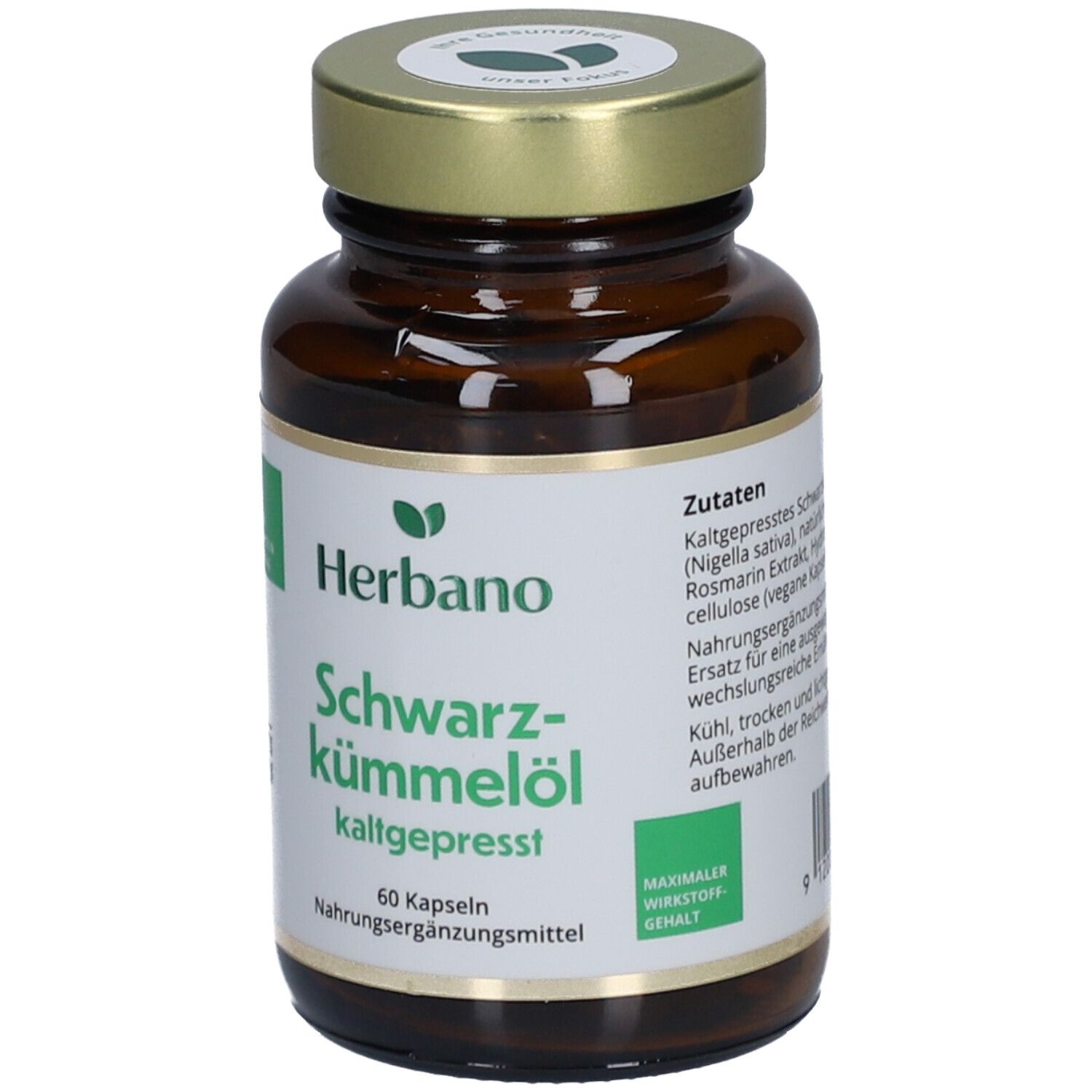 Braune Glasflasche mit Kapseln. Aufschrift: Herbano Schwarzkümmelöl kaltgepresst. 60 Kapseln. Maximaler Wirkstoffgehalt.