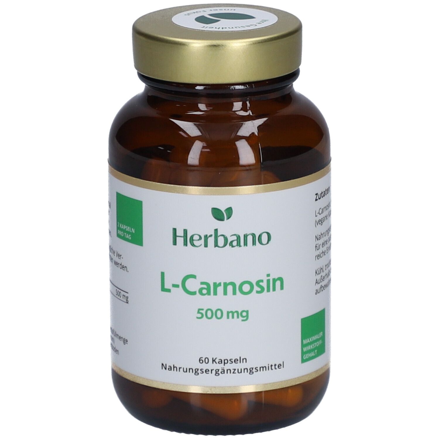 Braune Glasflasche mit goldenem Deckel. Etikett mit "Herbano L-Carnosin 500 mg". 60 Kapseln. Nahrungsergänzungsmittel.