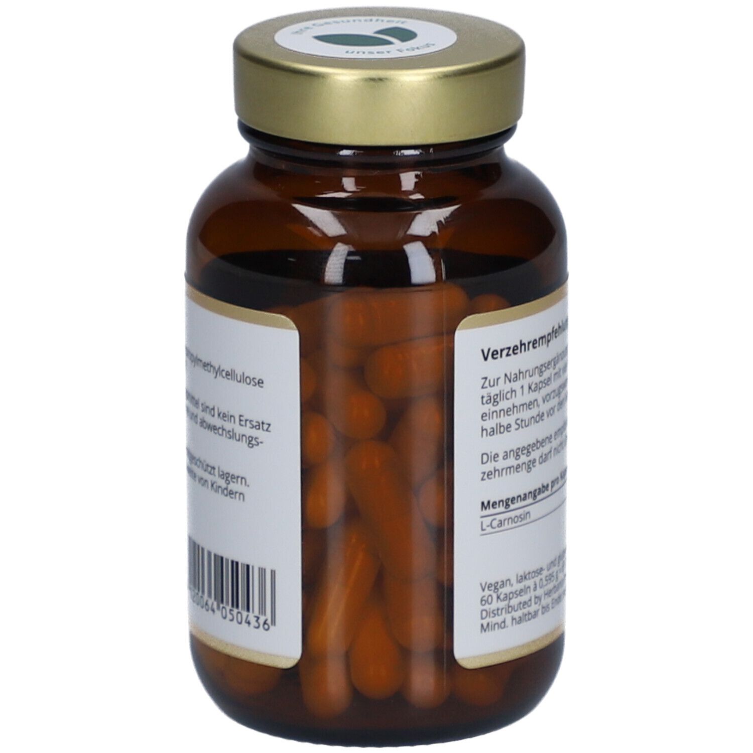 Braune Glasflasche mit goldenem Deckel. Sicht auf Kapseln. Etikett mit Barcode und Inhaltsangaben. Vegan, laktosefrei.