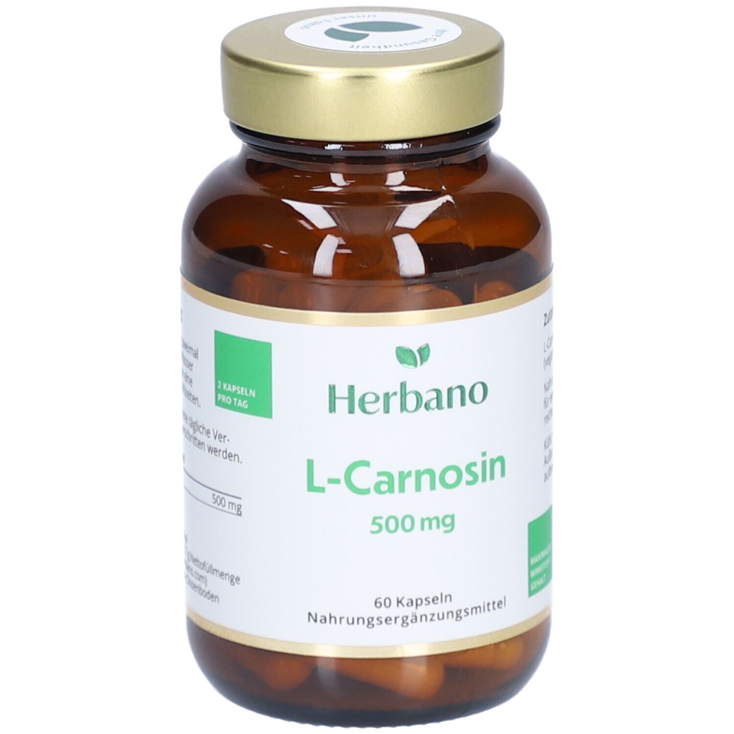 Braune Glasflasche mit goldenem Deckel. Etikett mit "Herbano L-Carnosin 500 mg". 60 Kapseln. Nahrungsergänzungsmittel.