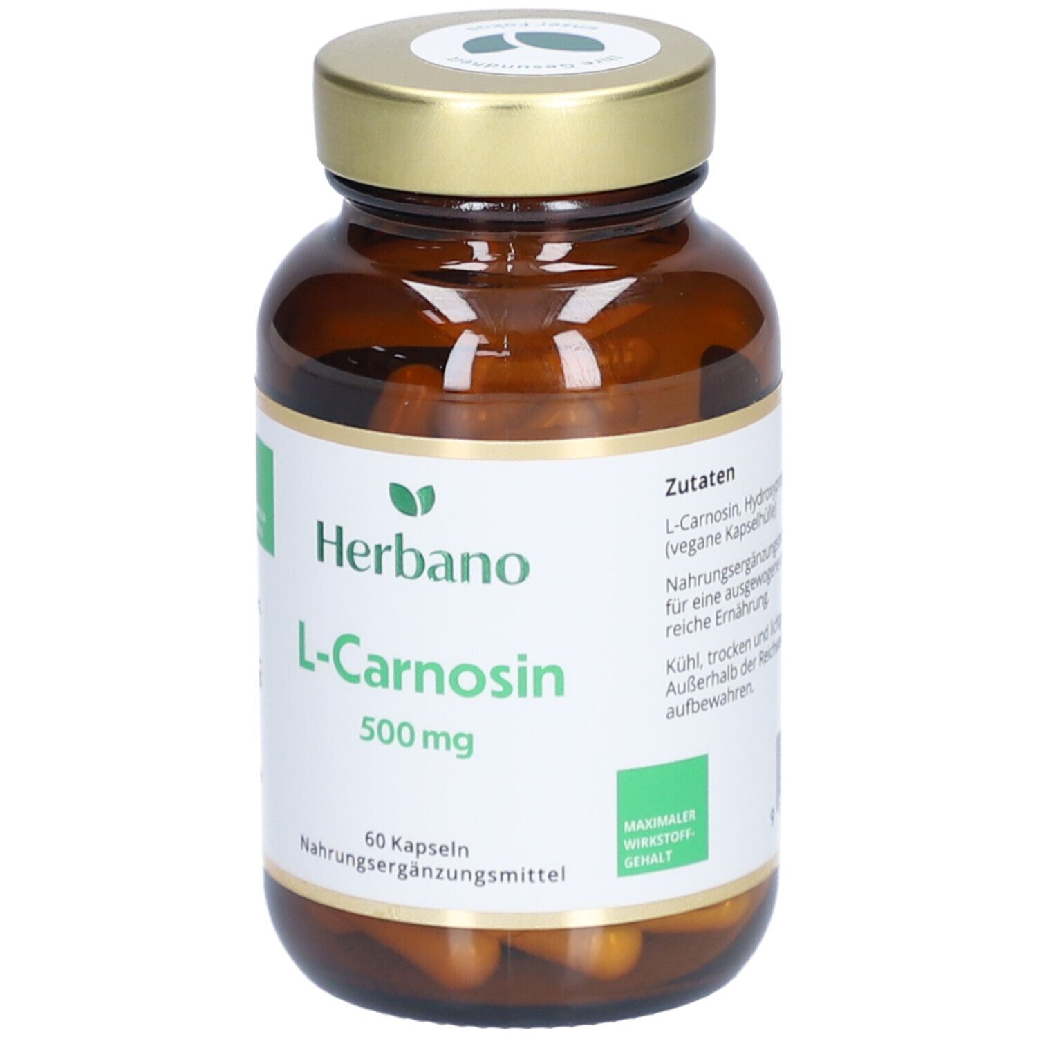 Braune Glasflasche mit goldenem Deckel. Etikett mit "Herbano L-Carnosin 500 mg". 60 Kapseln. Nahrungsergänzungsmittel.