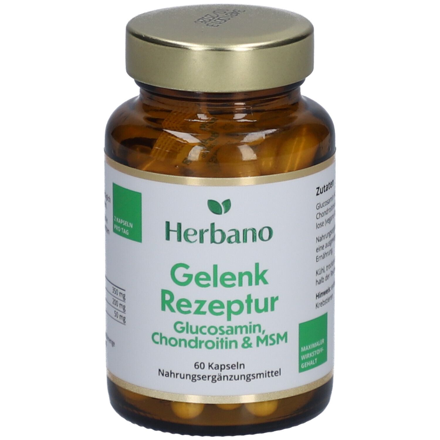 Braune Glasflasche mit goldfarbenem Deckel. Etikett mit "Herbano Gelenk Rezeptur" und Inhaltsstoffen. 60 Kapseln.
