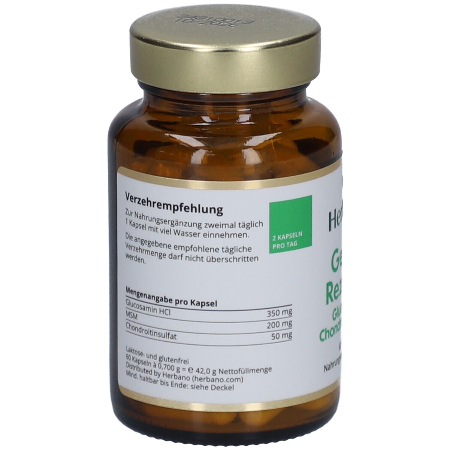 Rückseite der braunen Glasflasche. Etikett mit Verzehrempfehlung und Inhaltsstoffangaben: Glucosamin, MSM, Chondroitinsulfat.