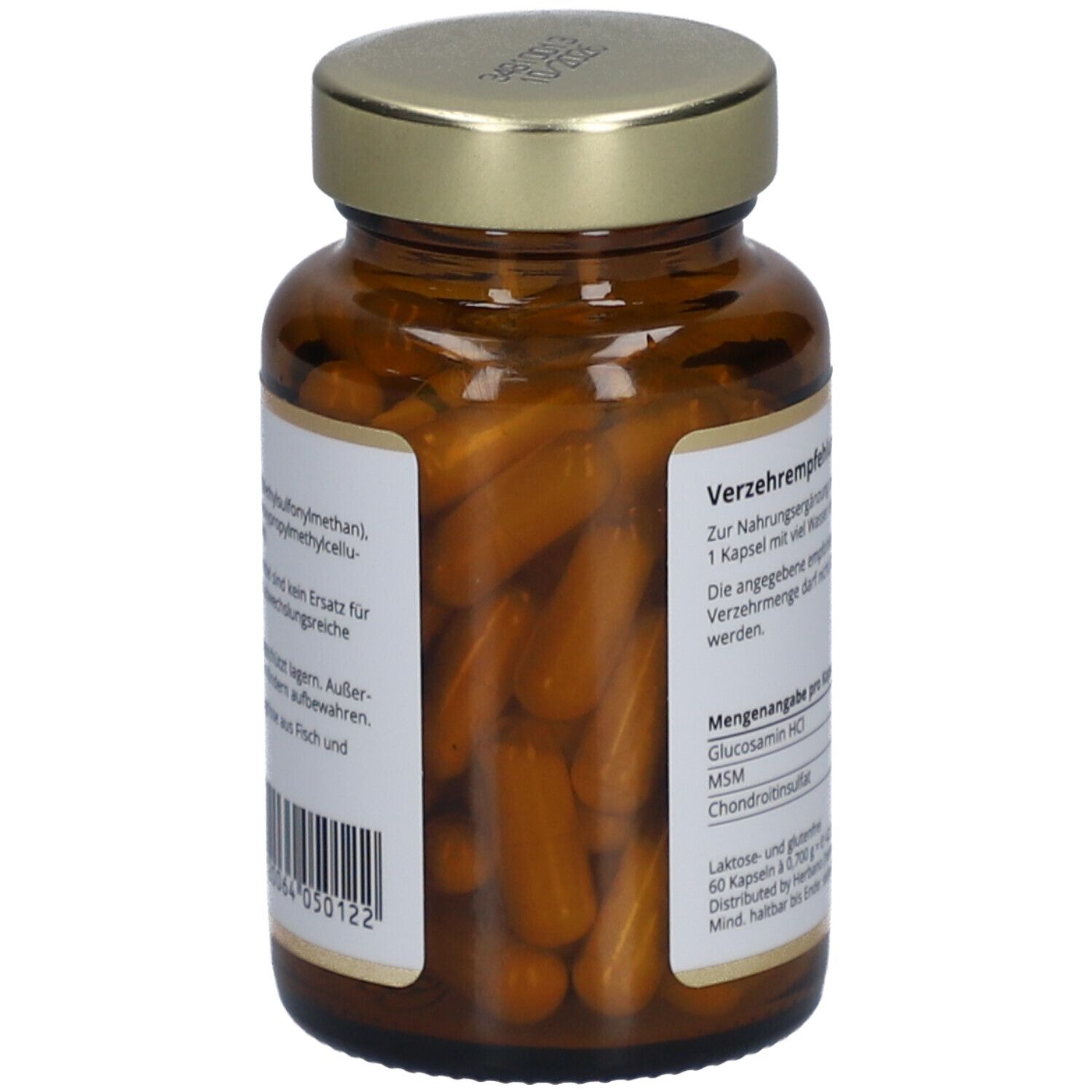 Braune Glasflasche mit goldfarbenem Deckel. Kapseln sichtbar. Etikett mit Informationen und Barcode.