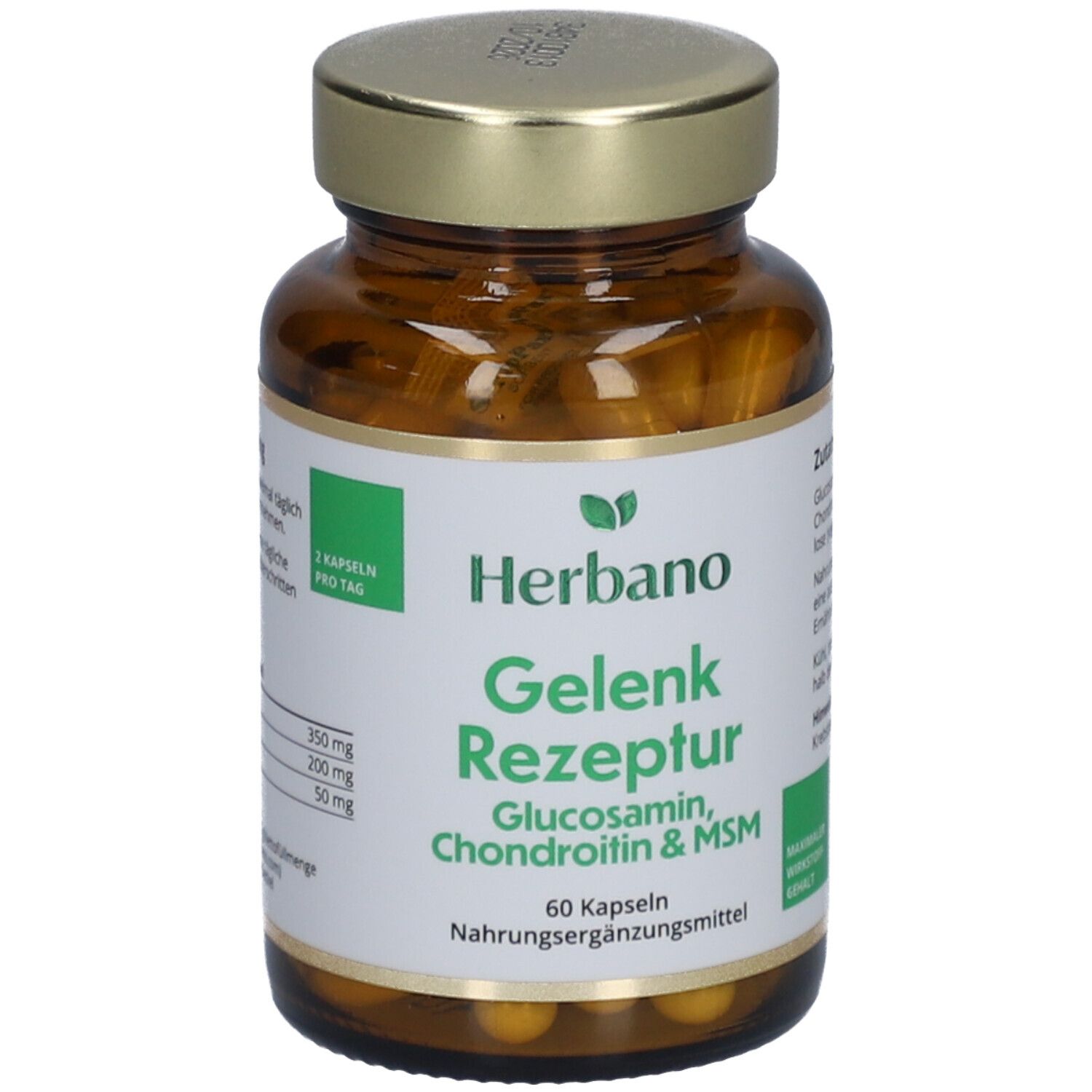 Braune Glasflasche mit goldfarbenem Deckel. Etikett mit "Herbano Gelenk Rezeptur" und Inhaltsstoffen. 60 Kapseln.