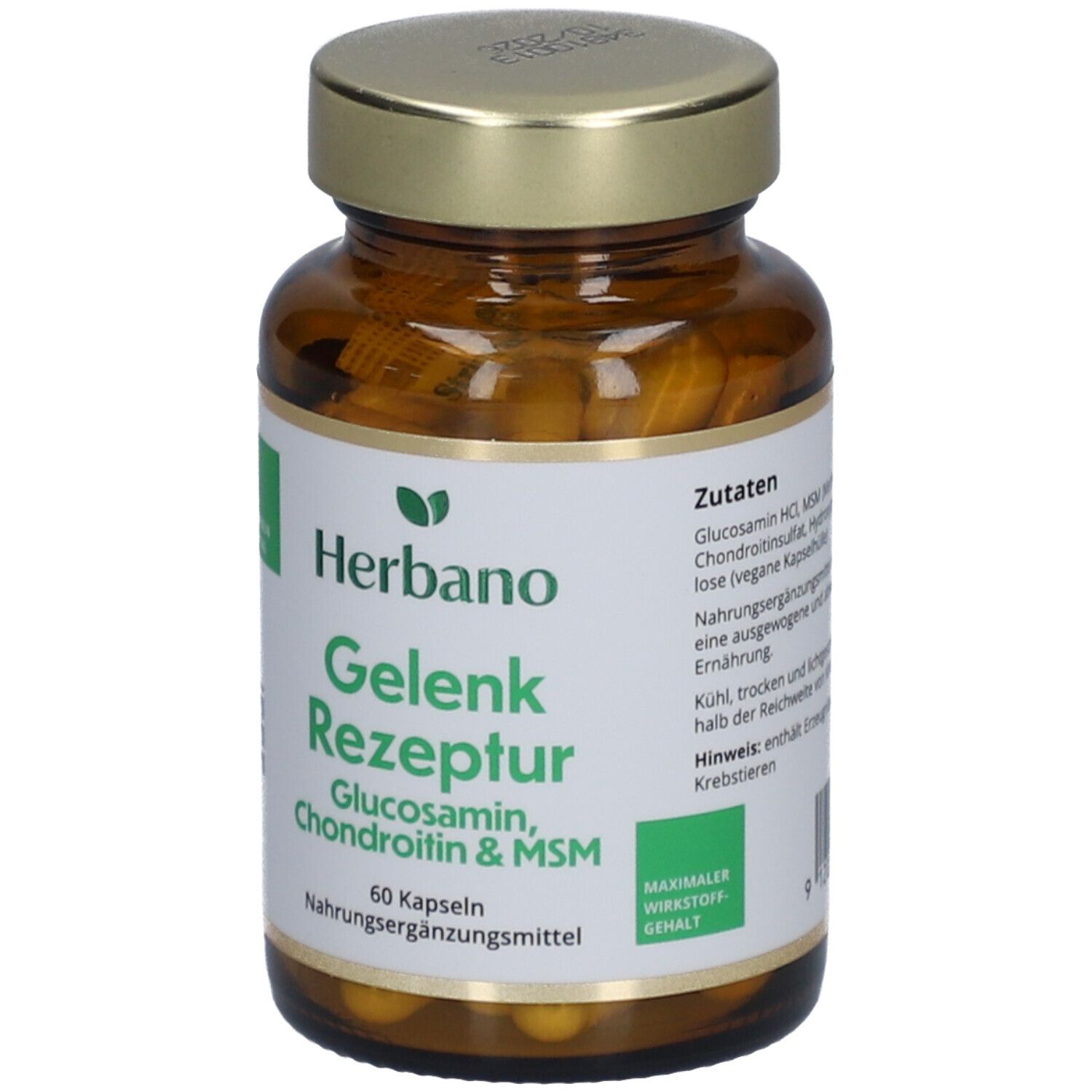 Braune Glasflasche mit goldfarbenem Deckel. Etikett mit "Herbano Gelenk Rezeptur" und Inhaltsstoffen. 60 Kapseln.