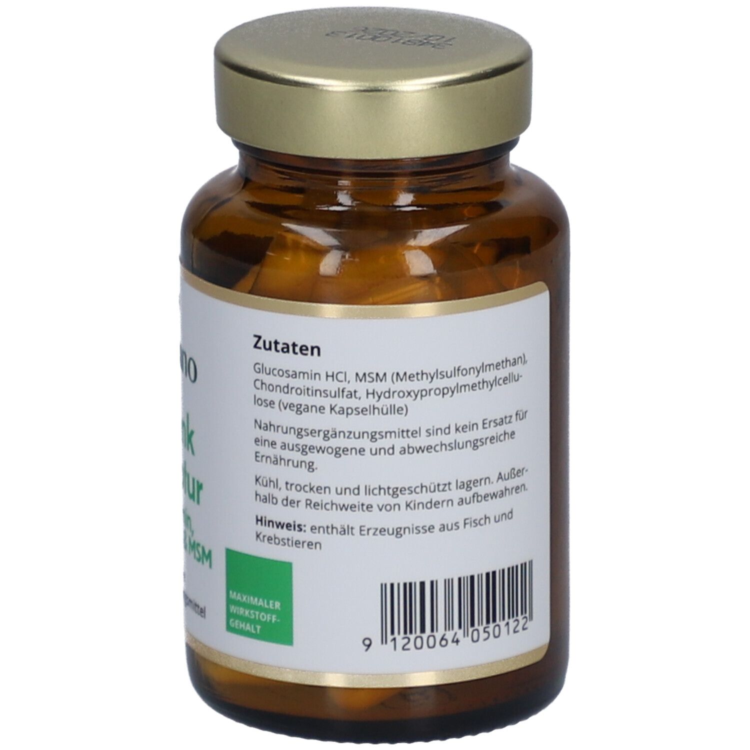 Braune Glasflasche mit goldfarbenem Deckel. Etikett mit Inhaltsstoffen und Warnhinweis. Barcode.