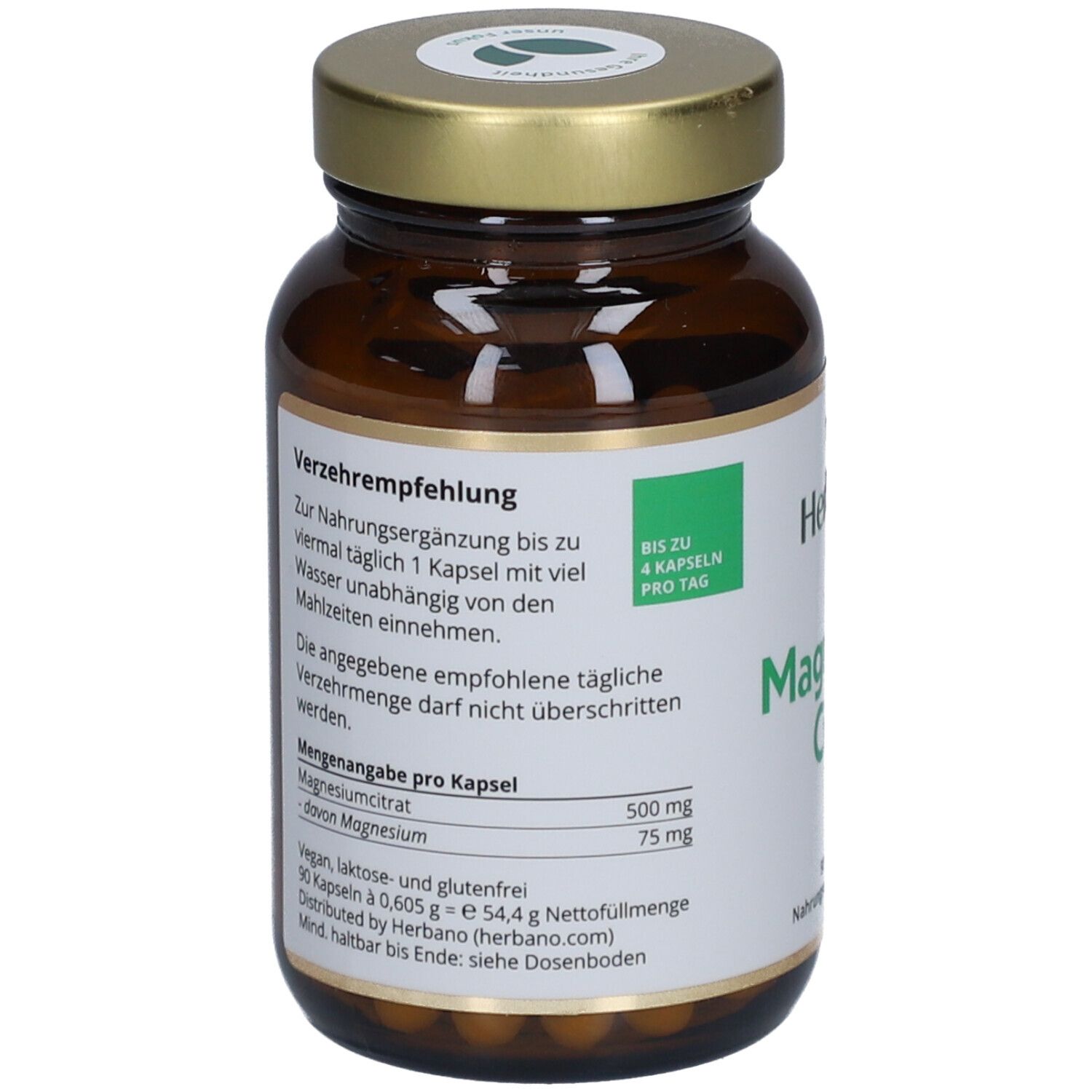 Rückseite der Flasche. Enthält Informationen zu Inhaltsstoffen und Verzehrempfehlung. "Herbano Magnesiumcitrat" und Nährwertangaben.