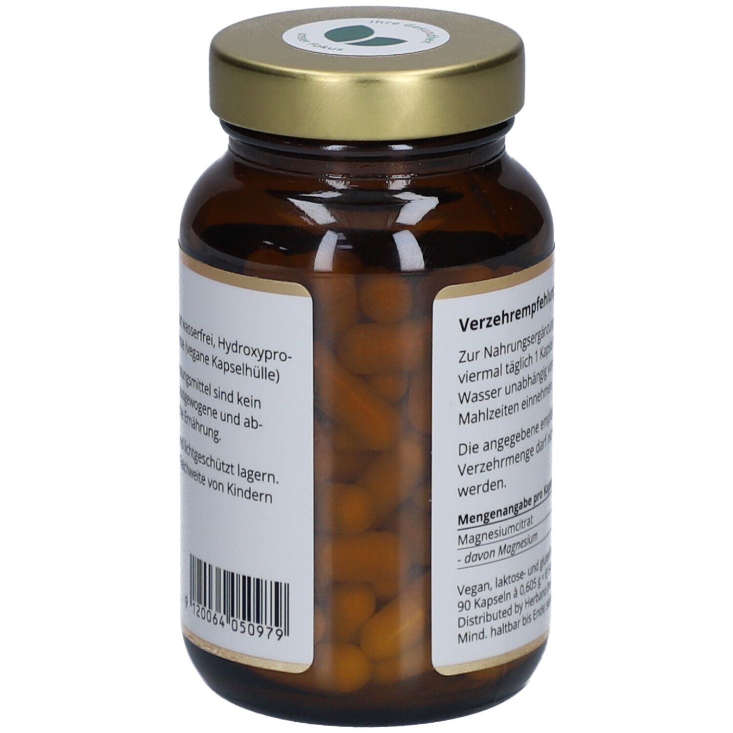 Rückansicht der Flasche. Etikett mit Inhaltsstoffen, Lagerhinweisen und Barcode. Kapseln im Inneren sichtbar.