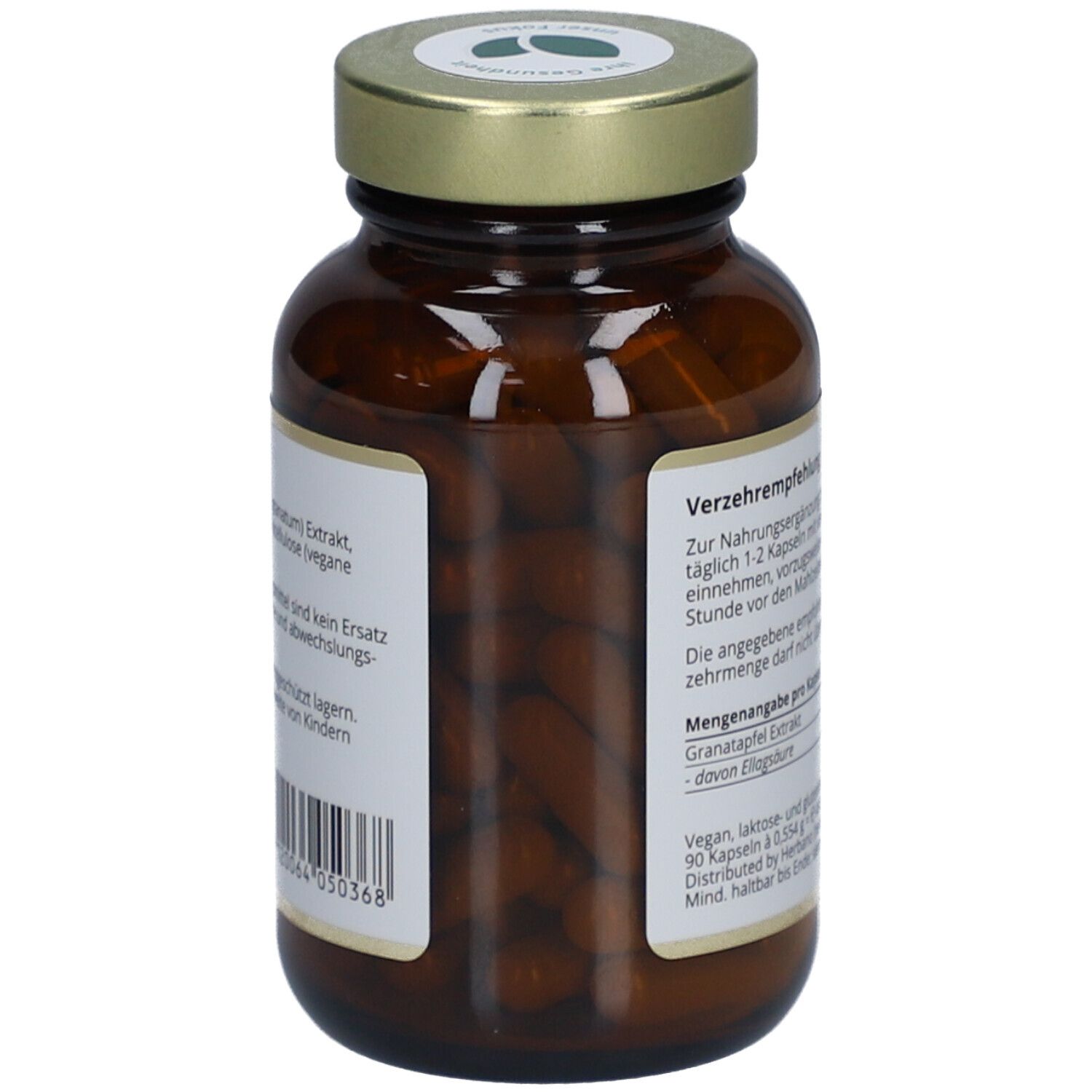 Seitenansicht der Flasche. Etikett mit Inhaltsangaben und Barcode. Kapseln im Inneren sichtbar.