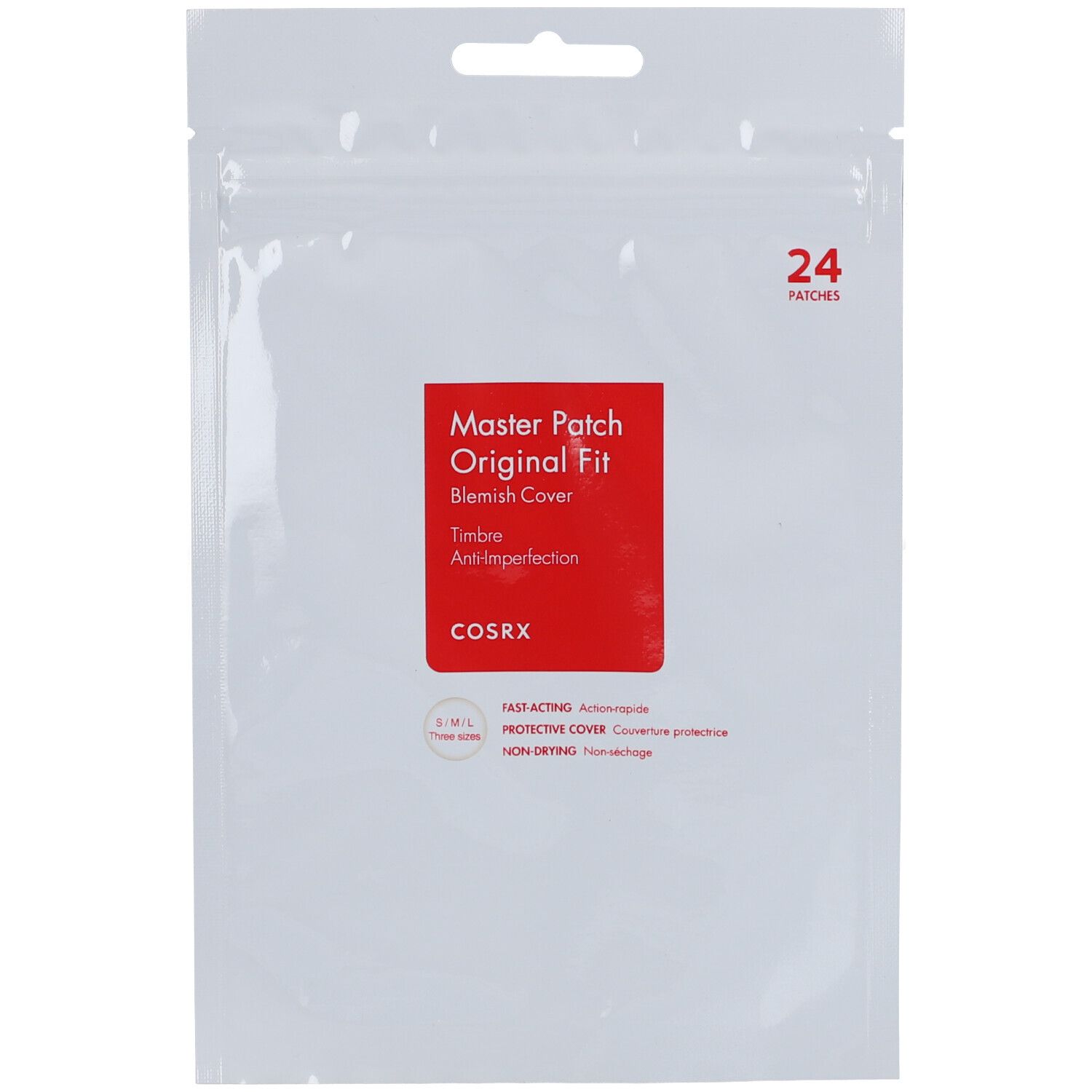 Verpackung mit 24 Patches. Roter Aufkleber mit Produktnamen: Master Patch Original Fit. Marke: Cosrx. Weiße, transparente Verpackung.