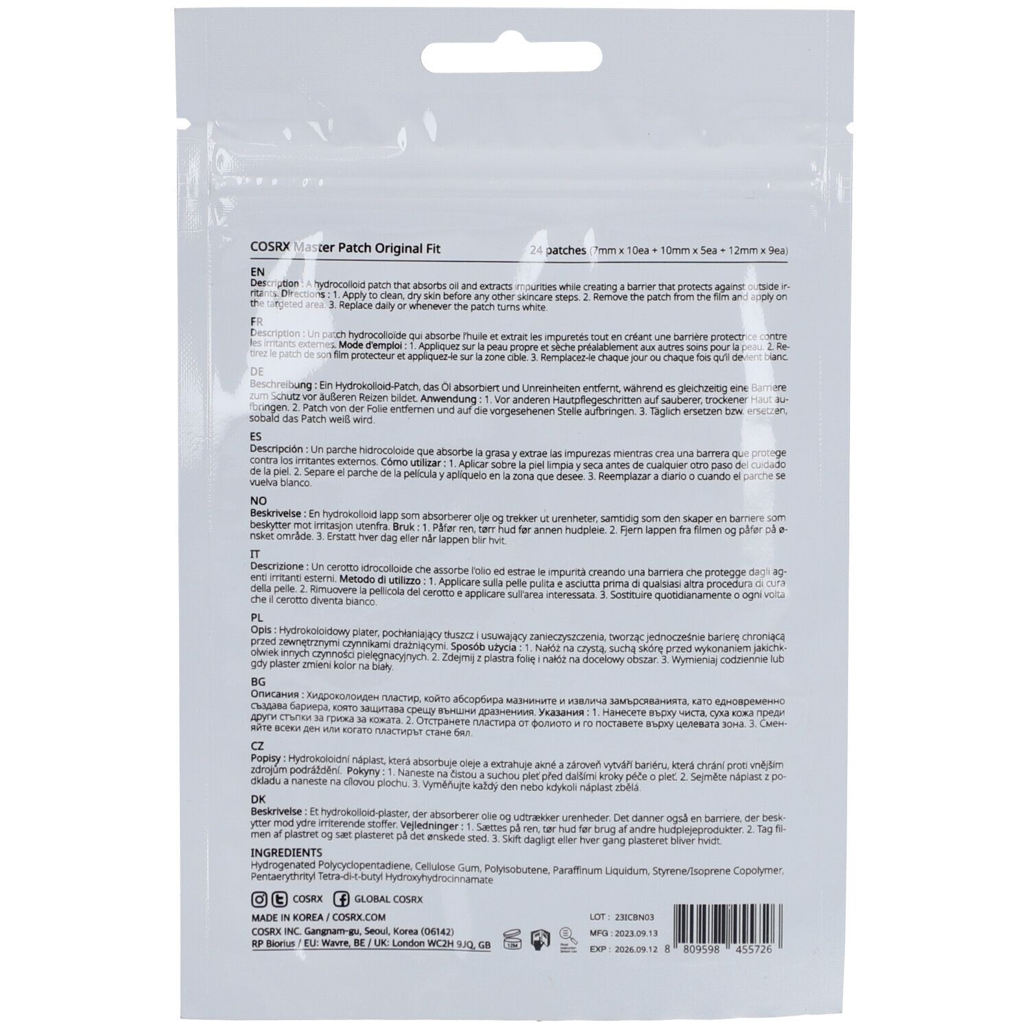 Rückseite der Verpackung. Text in mehreren Sprachen. Produktname: Master Patch Original Fit. Inhaltsstoffe und Herstellerinformationen.