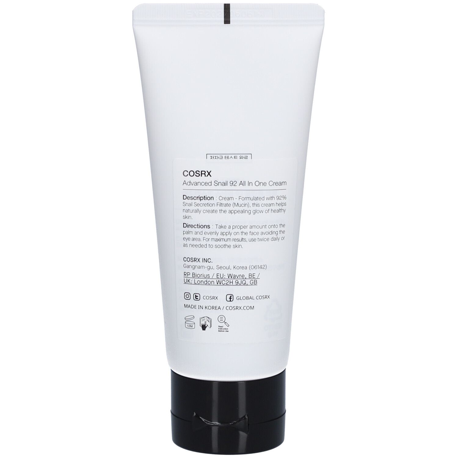 Rückseite der weißen Tube. Schwarzer Deckel. Text: COSRX, Advanced Snail 92 All in One Cream. Beschreibung und Anwendung.