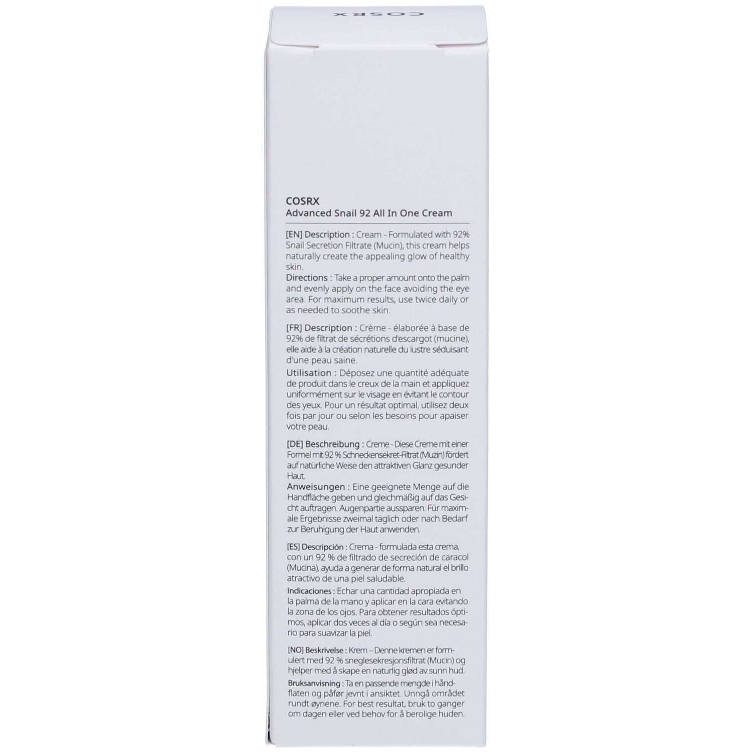 Weiße Verpackung. Text: Beschreibung, Anwendung, Inhaltsstoffe, COSRX, Logos und Informationen.