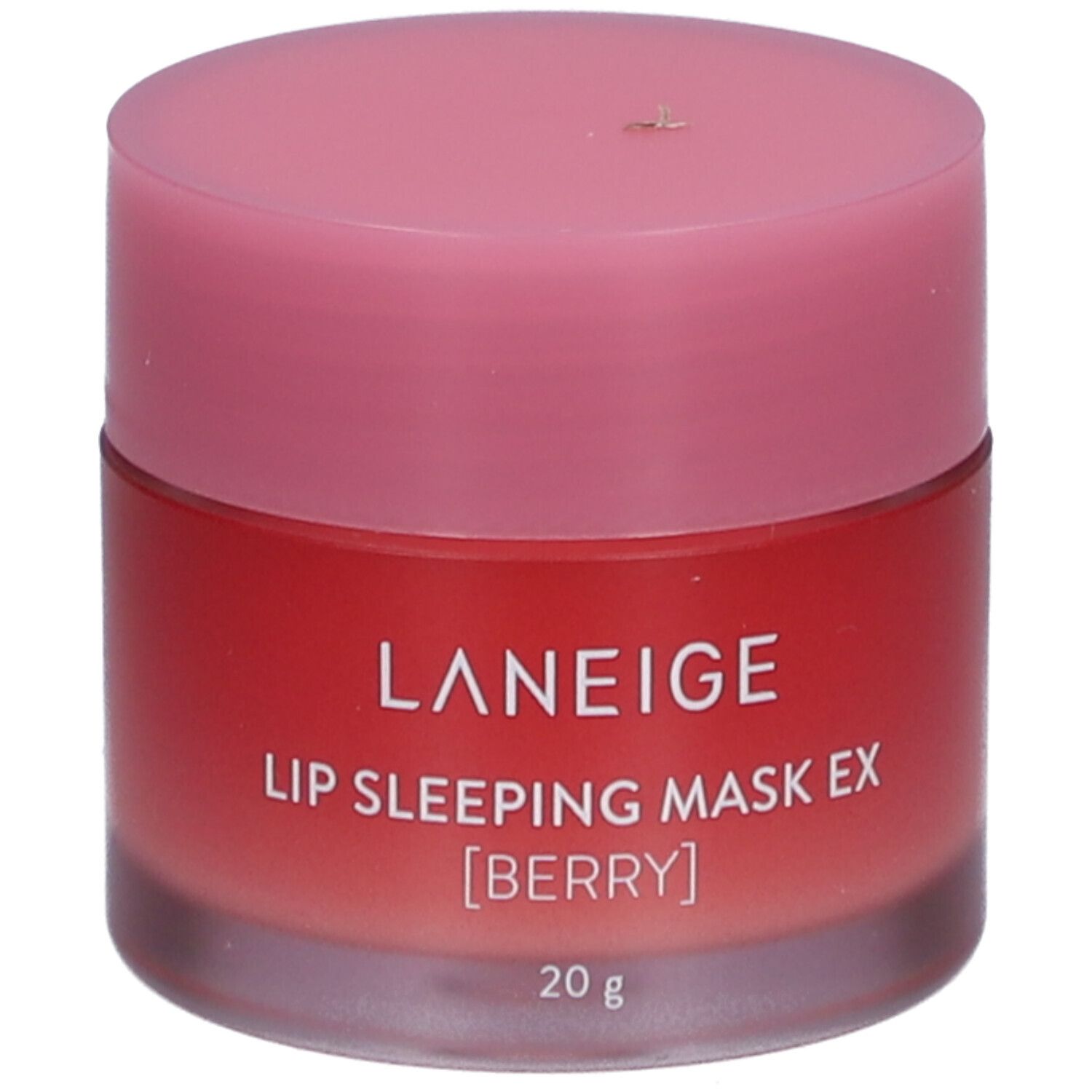 Runder Tiegel mit rosa Deckel. Aufschrift: LANEIGE, LIP SLEEPING MASK EX [BERRY], 20 g.