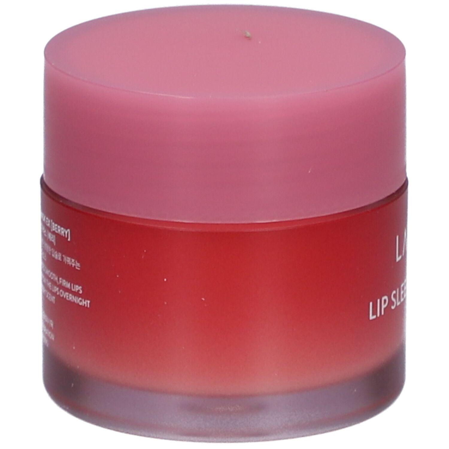 Runder Tiegel mit rosa Deckel. Aufschrift: LANEIGE, LIP SLEEPING MASK EX [BERRY].