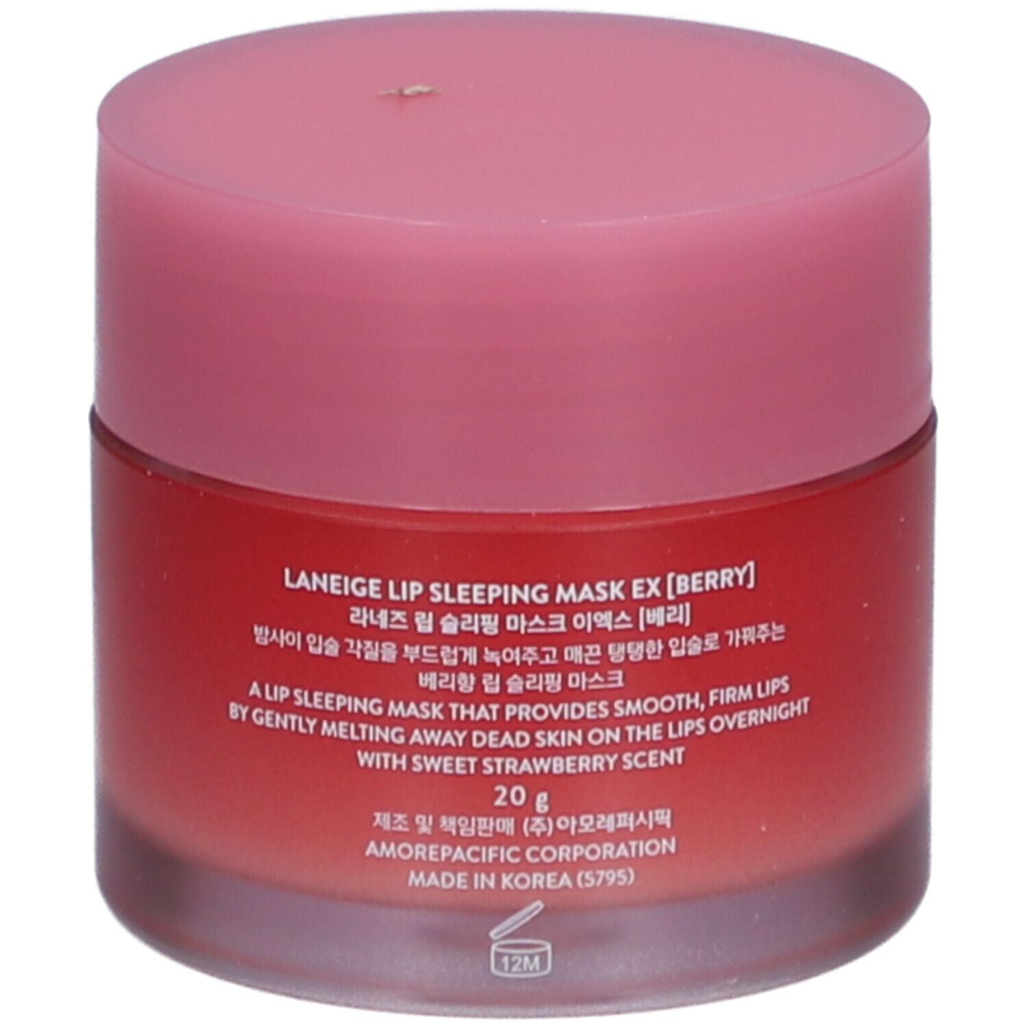 Runder Tiegel mit rosa Deckel. Aufschrift: LANEIGE LIP SLEEPING MASK EX [BERRY]. Text in mehreren Sprachen.