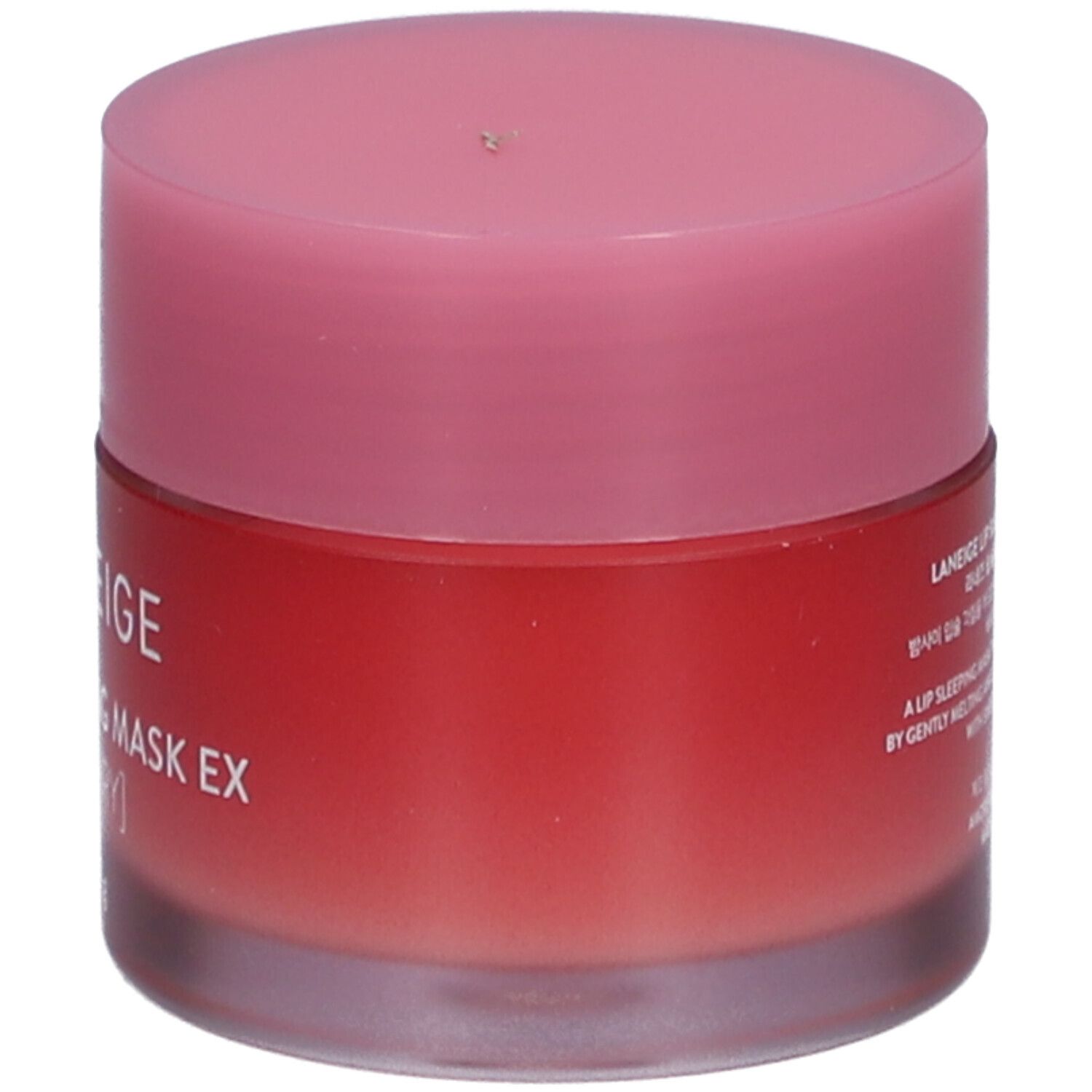 Runder Tiegel mit rosa Deckel. Aufschrift: LANEIGE, LIP SLEEPING MASK EX [BERRY].