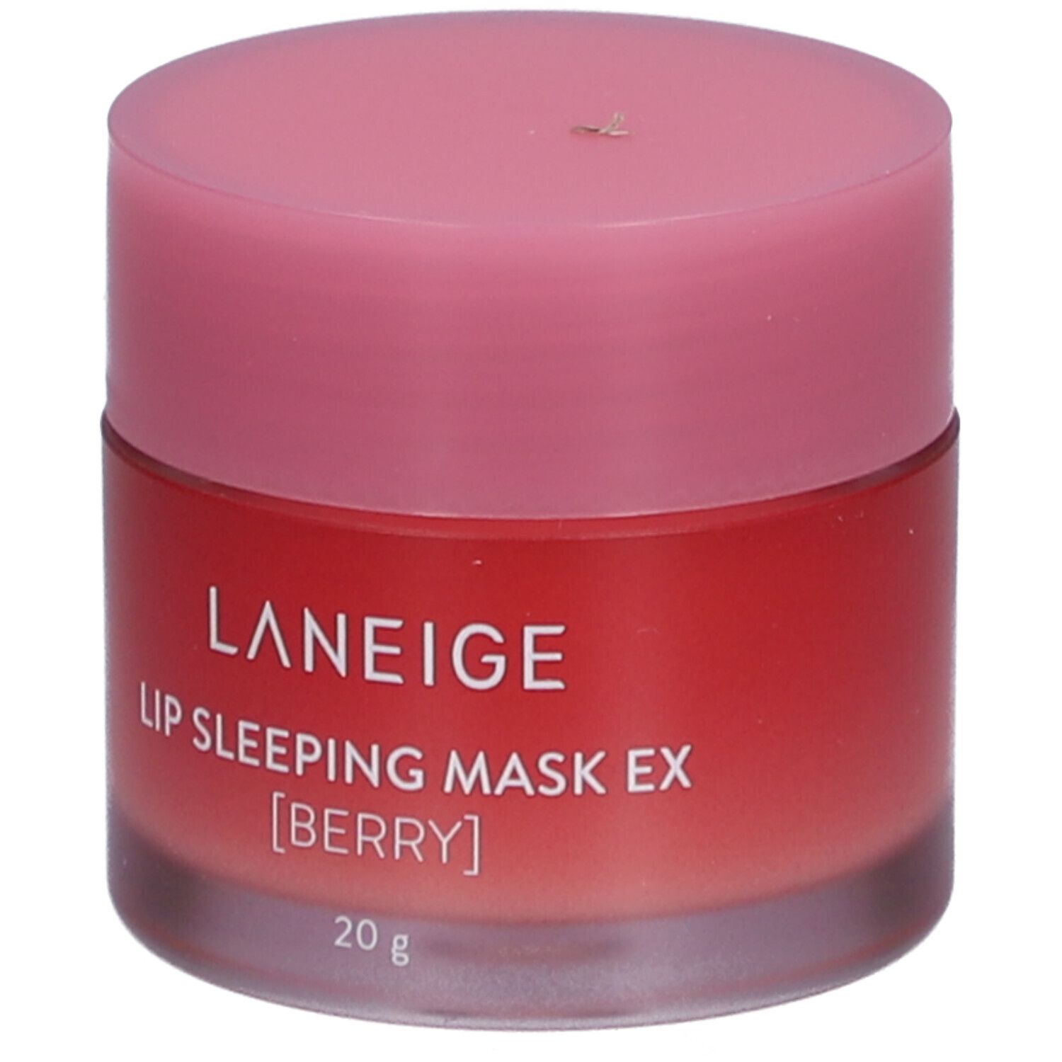 Runder Tiegel mit rosa Deckel. Aufschrift: LANEIGE, LIP SLEEPING MASK EX [BERRY], 20 g.