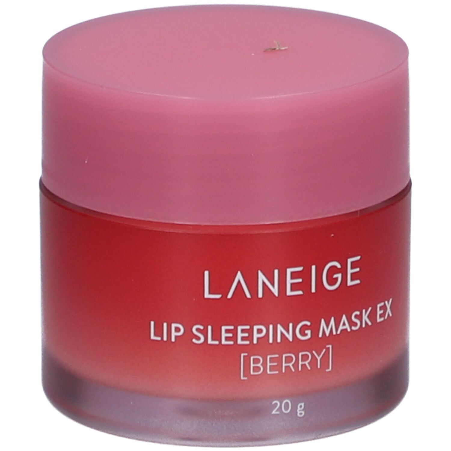 Runder Tiegel mit rosa Deckel. Aufschrift: LANEIGE, LIP SLEEPING MASK EX [BERRY], 20 g.