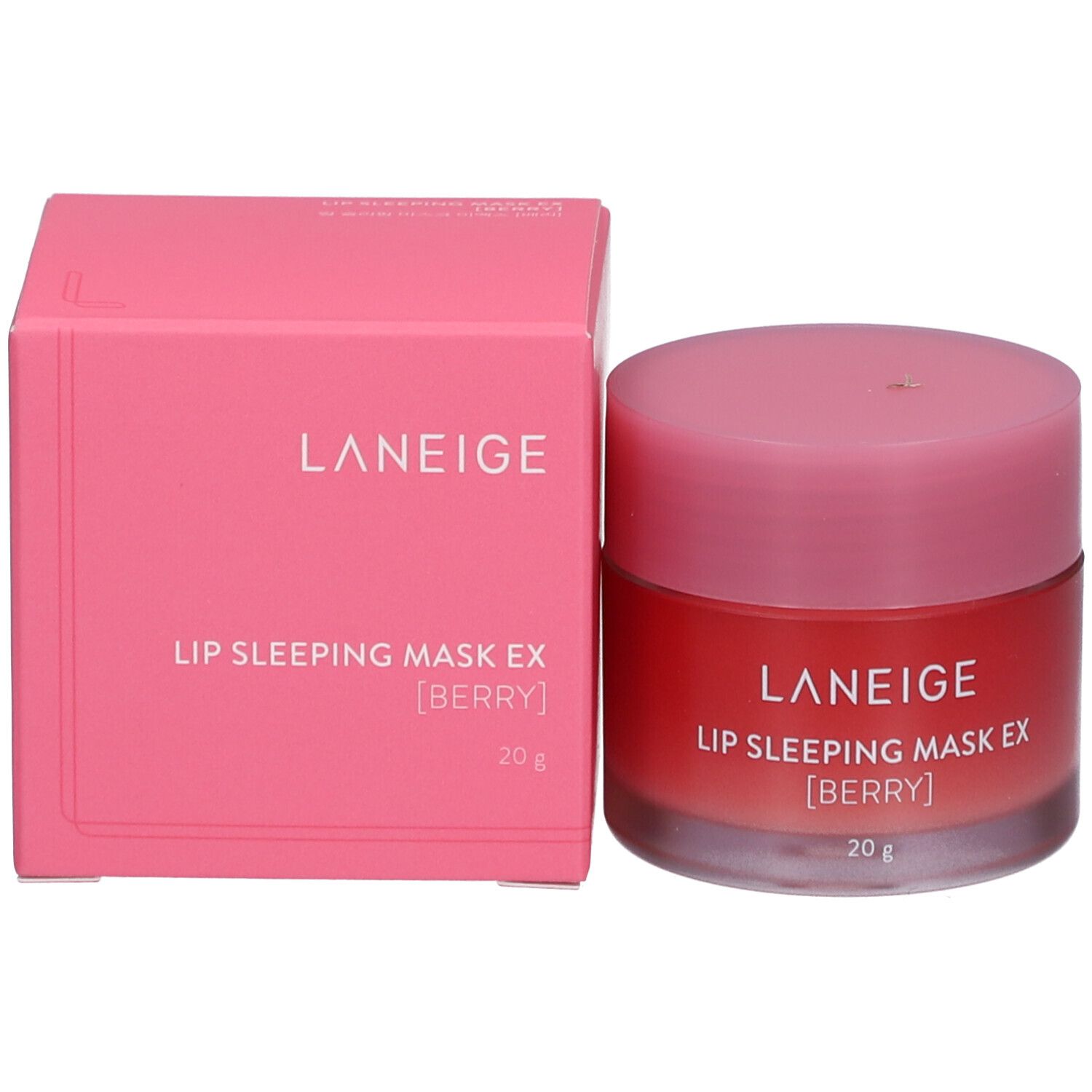 Rosa Karton und runder Tiegel. Aufschrift: LANEIGE, LIP SLEEPING MASK EX [BERRY], 20 g.