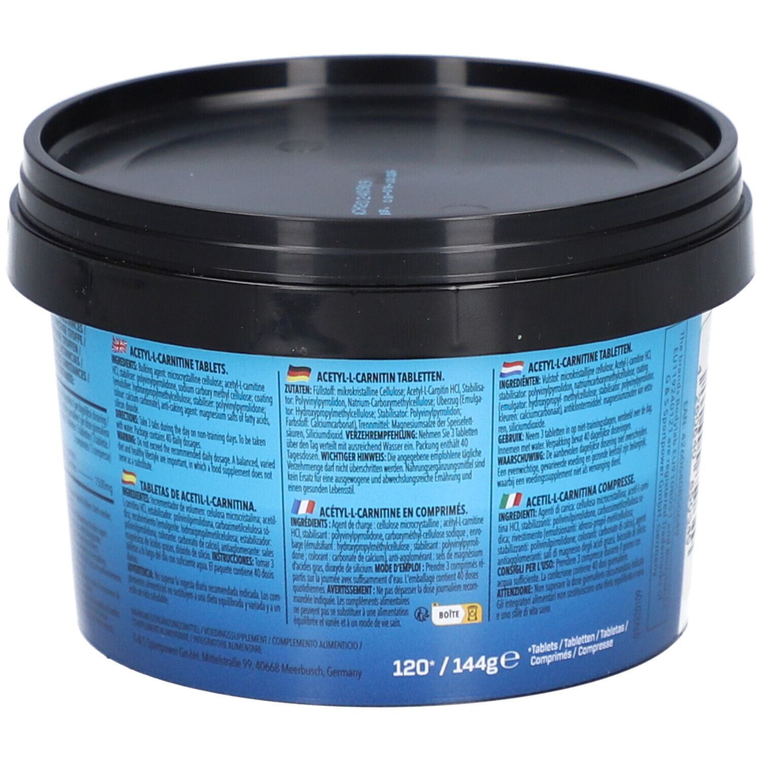Blauer Behälter mit schwarzem Deckel. Text in verschiedenen Sprachen. Produktname: Acetyl L-Carnitine Tablets.
