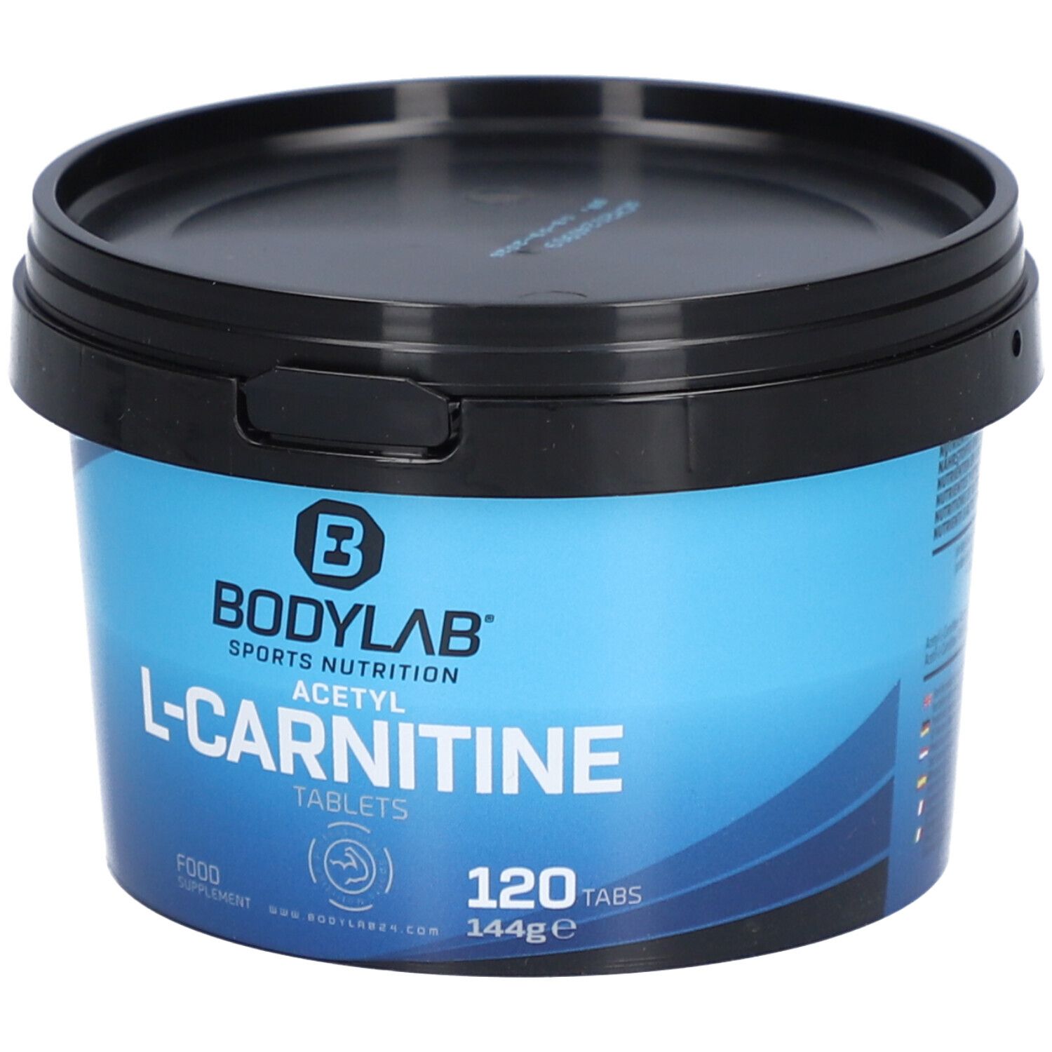 Blauer Behälter mit schwarzem Deckel. Aufschrift: Bodylab, Acetyl L-Carnitine Tablets, 120 Tabs, 144g.