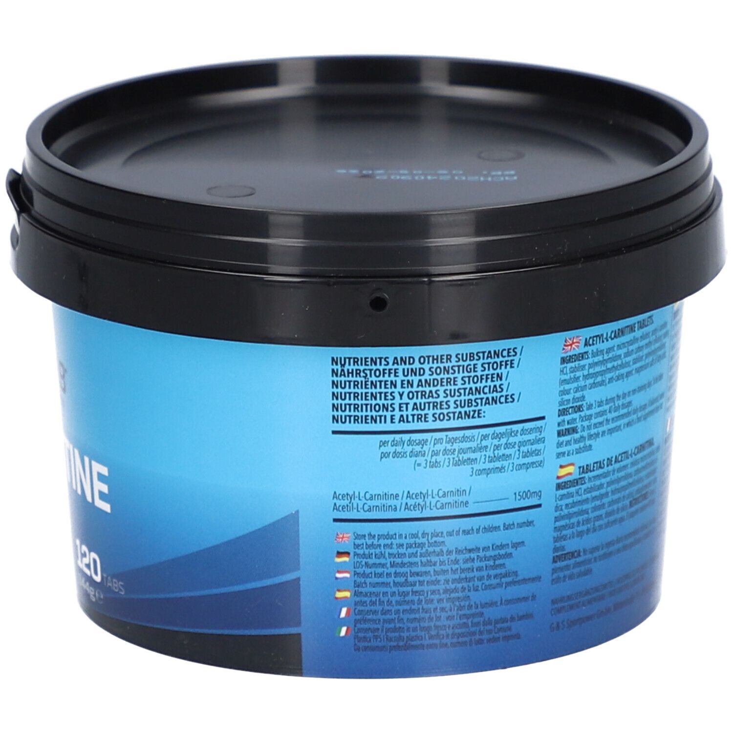 Blauer Behälter mit schwarzem Deckel. Text in verschiedenen Sprachen. Produktname: Acetyl L-Carnitine Tablets.