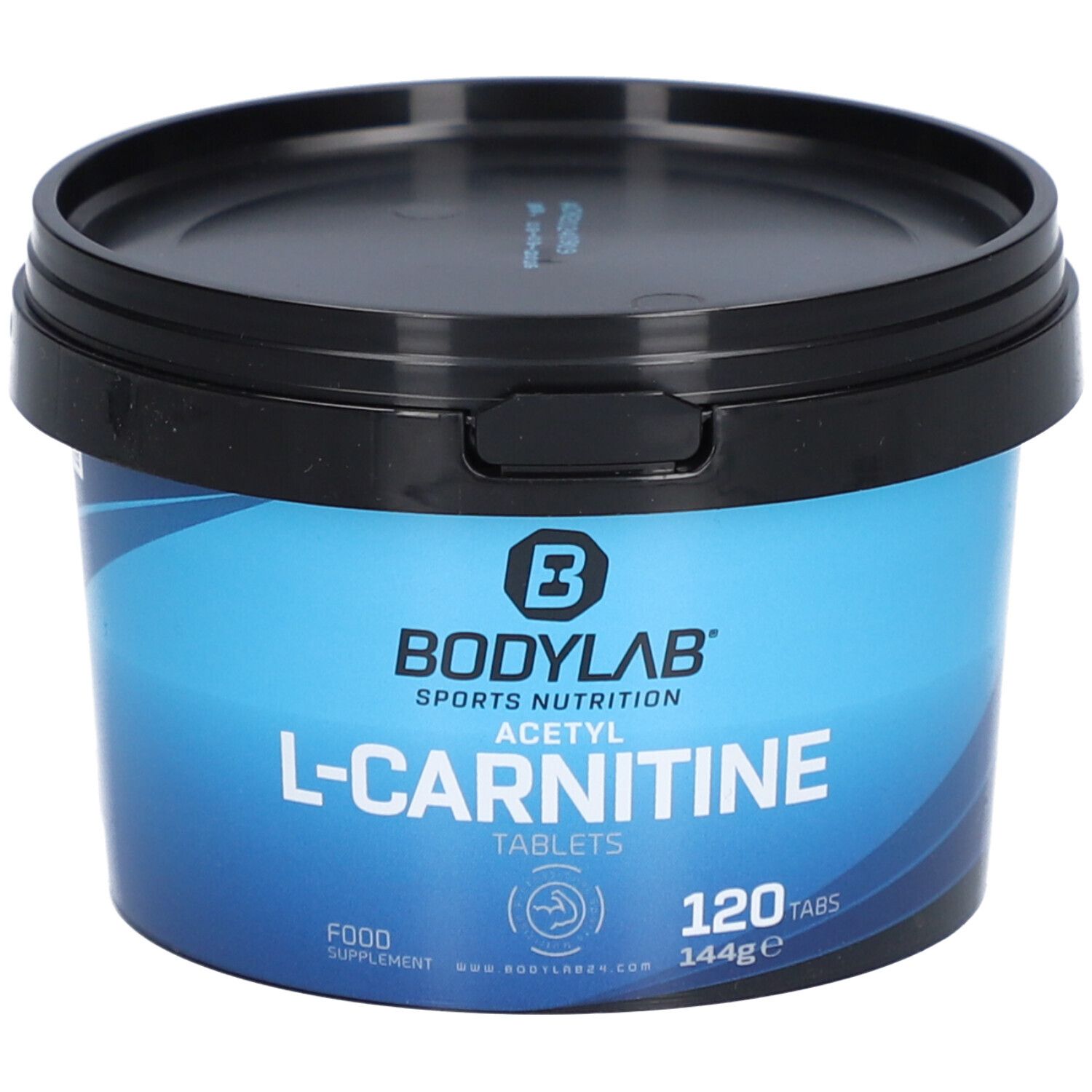 Blauer Behälter mit schwarzem Deckel. Aufschrift: Bodylab, Acetyl L-Carnitine Tablets, 120 Tabs, 144g.
