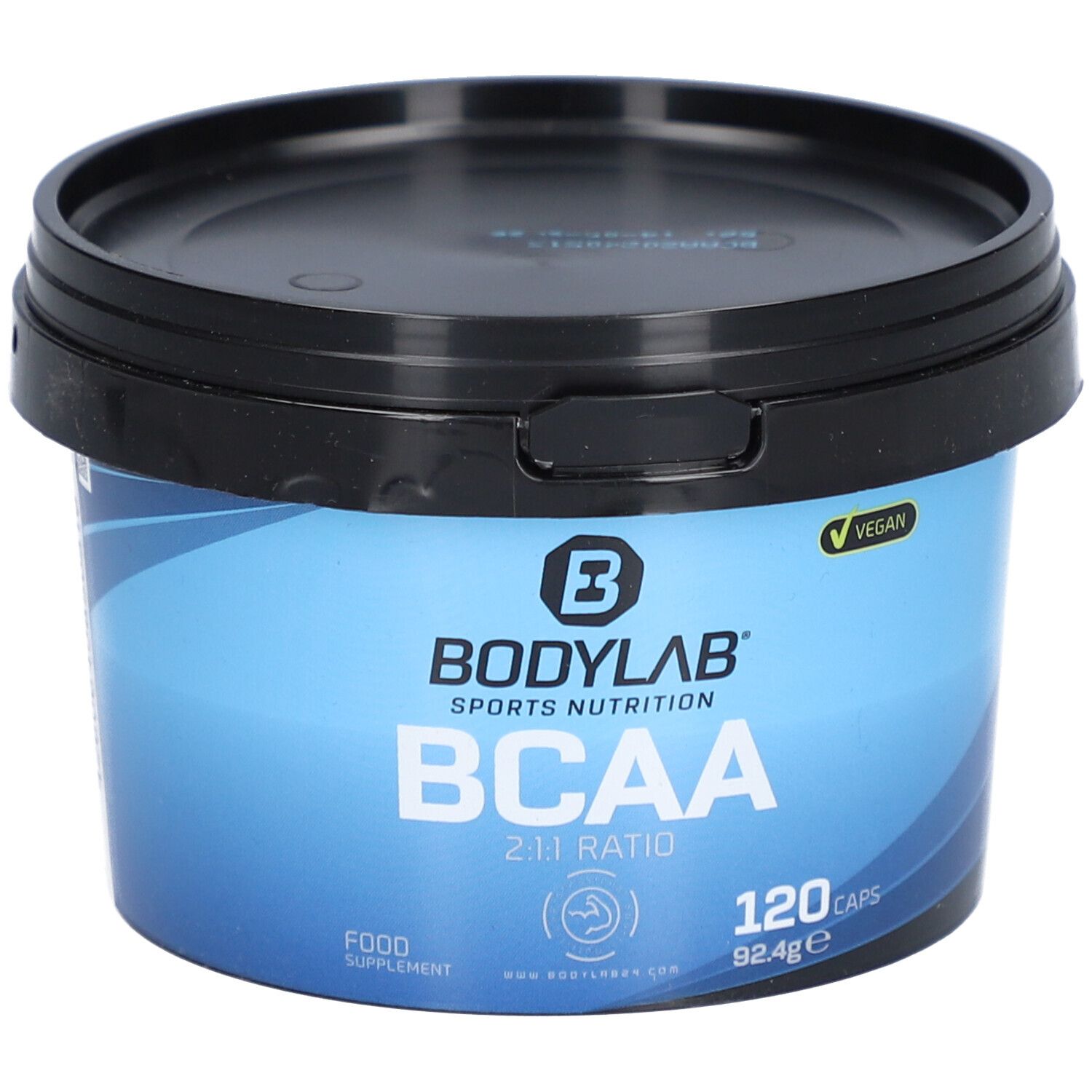 Runder, blauer Behälter mit schwarzem Deckel. Aufschrift BODYLAB BCAA, 120 Kapseln, vegan.