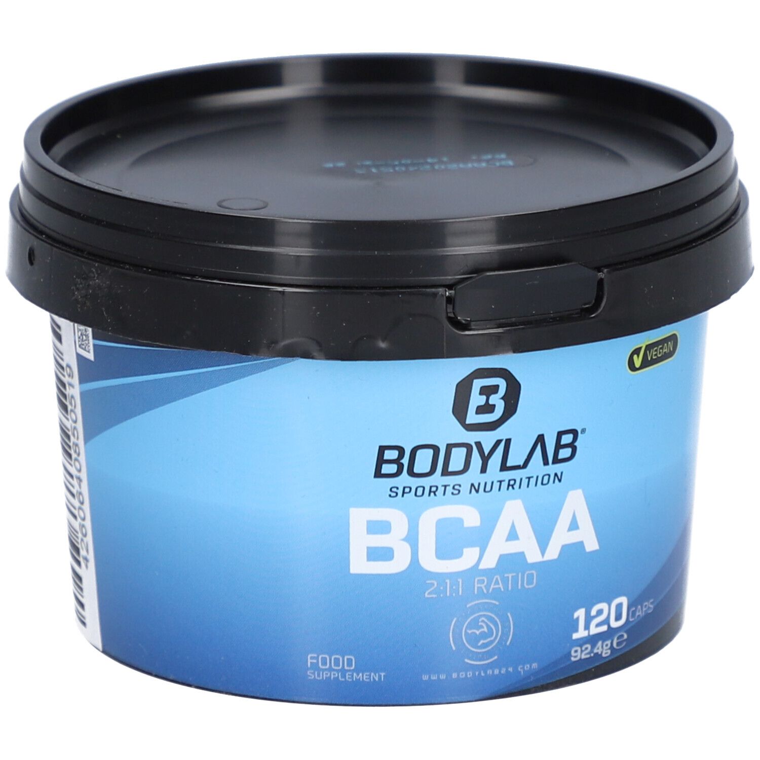 Runder, blauer Behälter mit schwarzem Deckel. Aufschrift BODYLAB BCAA, 120 Kapseln, vegan.