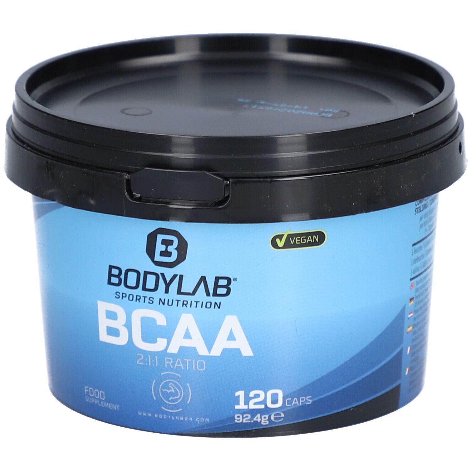 Runder, blauer Behälter mit schwarzem Deckel. Aufschrift BODYLAB BCAA, 120 Kapseln, vegan.