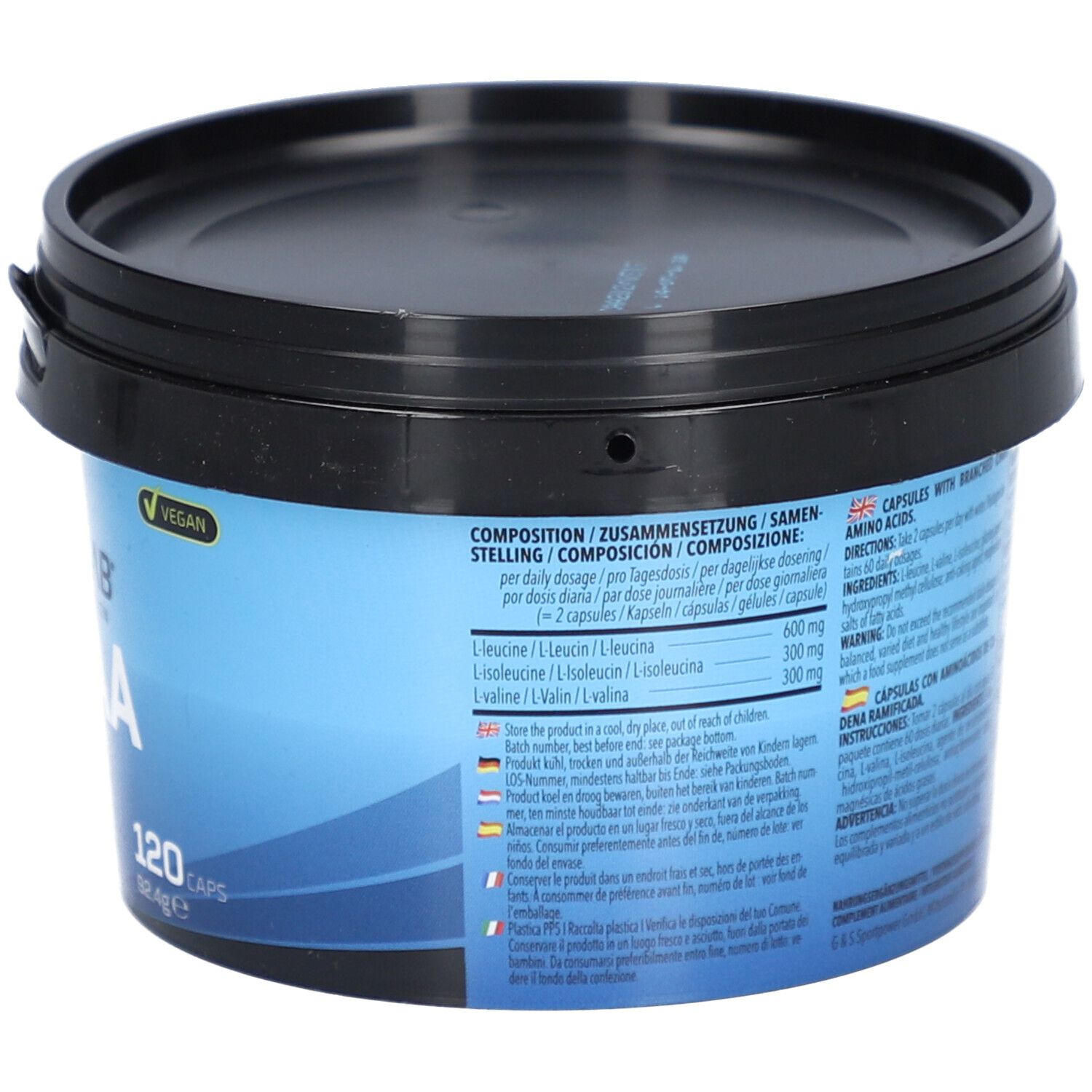 Blauer Behälter mit schwarzem Deckel. Aufschrift BODYLAB BCAA, 120 Kapseln, vegan. Zusammensetzung.