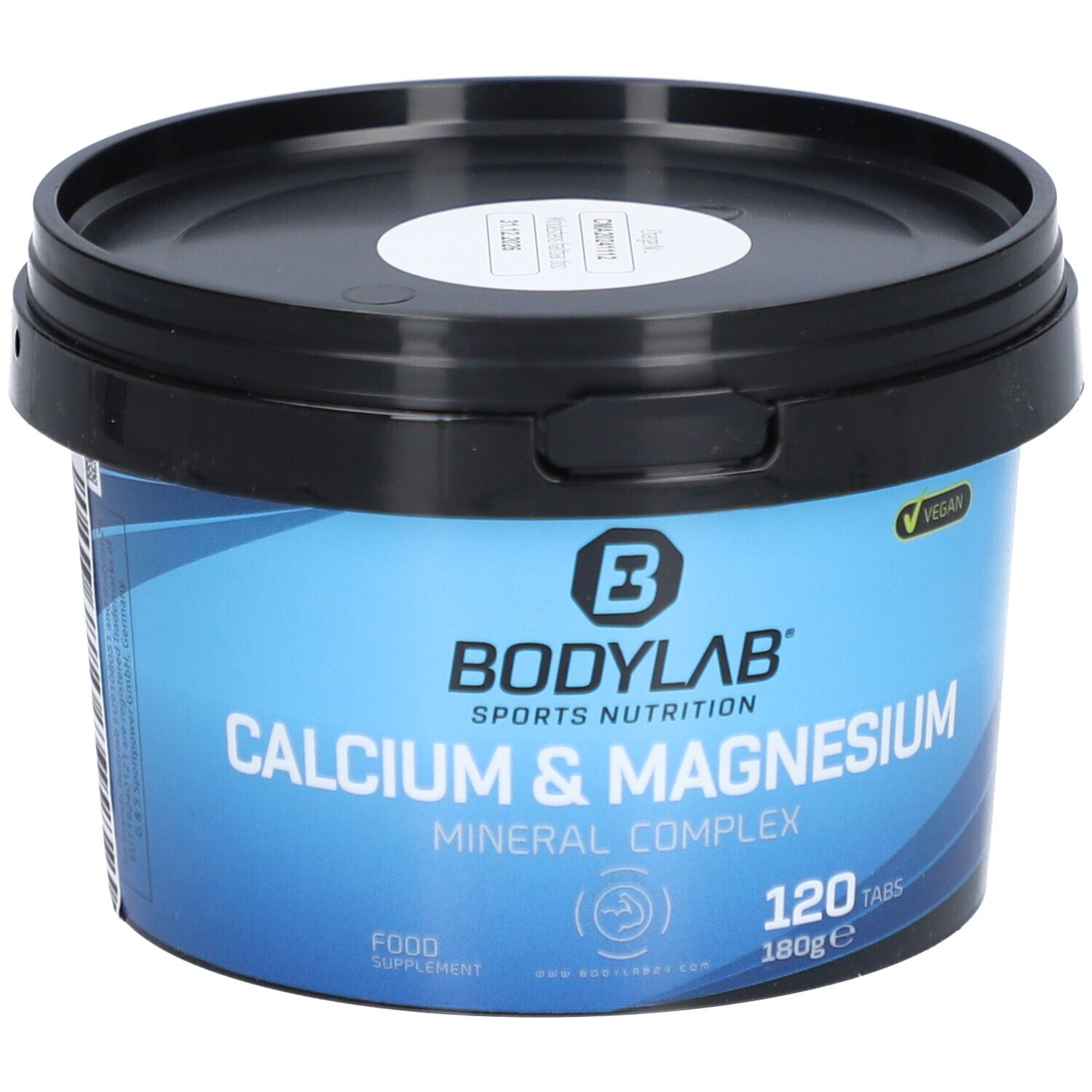 Récipient bleu avec couvercle noir. Inscription : BODYLAB Calcium & Magnesium Mineral Complex, 120 comprimés.