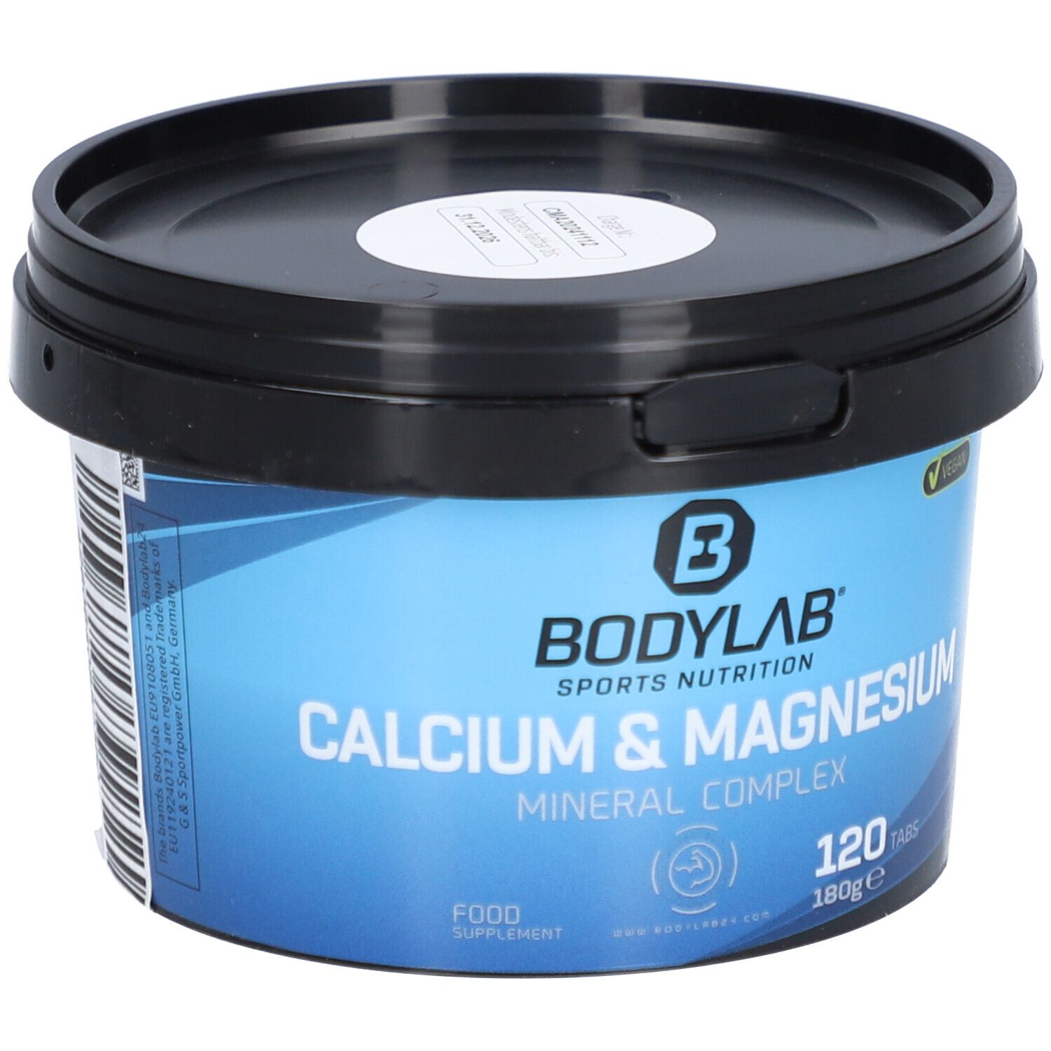 Récipient bleu avec couvercle noir. Inscription : BODYLAB Calcium & Magnesium Mineral Complex, 120 comprimés.