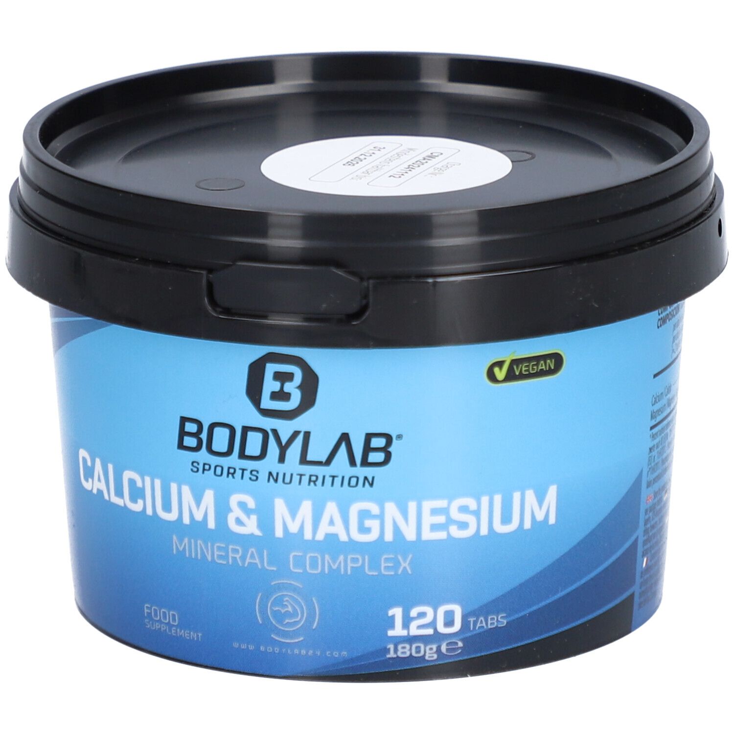 Récipient bleu avec couvercle noir. Inscription : BODYLAB Calcium & Magnesium Mineral Complex, 120 comprimés, Vegan.