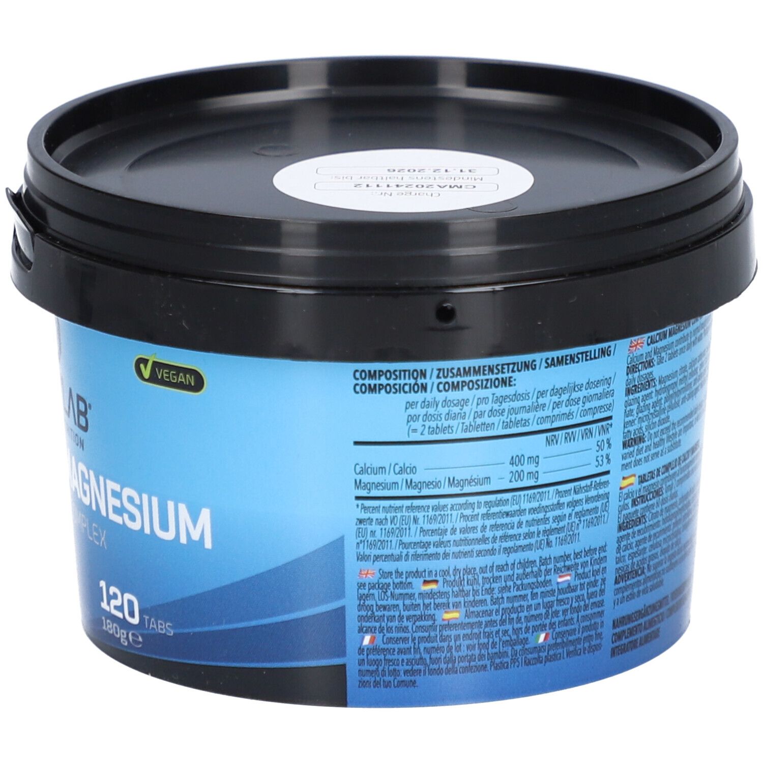 Récipient bleu avec couvercle noir. Dos avec informations nutritionnelles. Inscription : BODYLAB Calcium & Magnesium Complex, 120 comprimés.