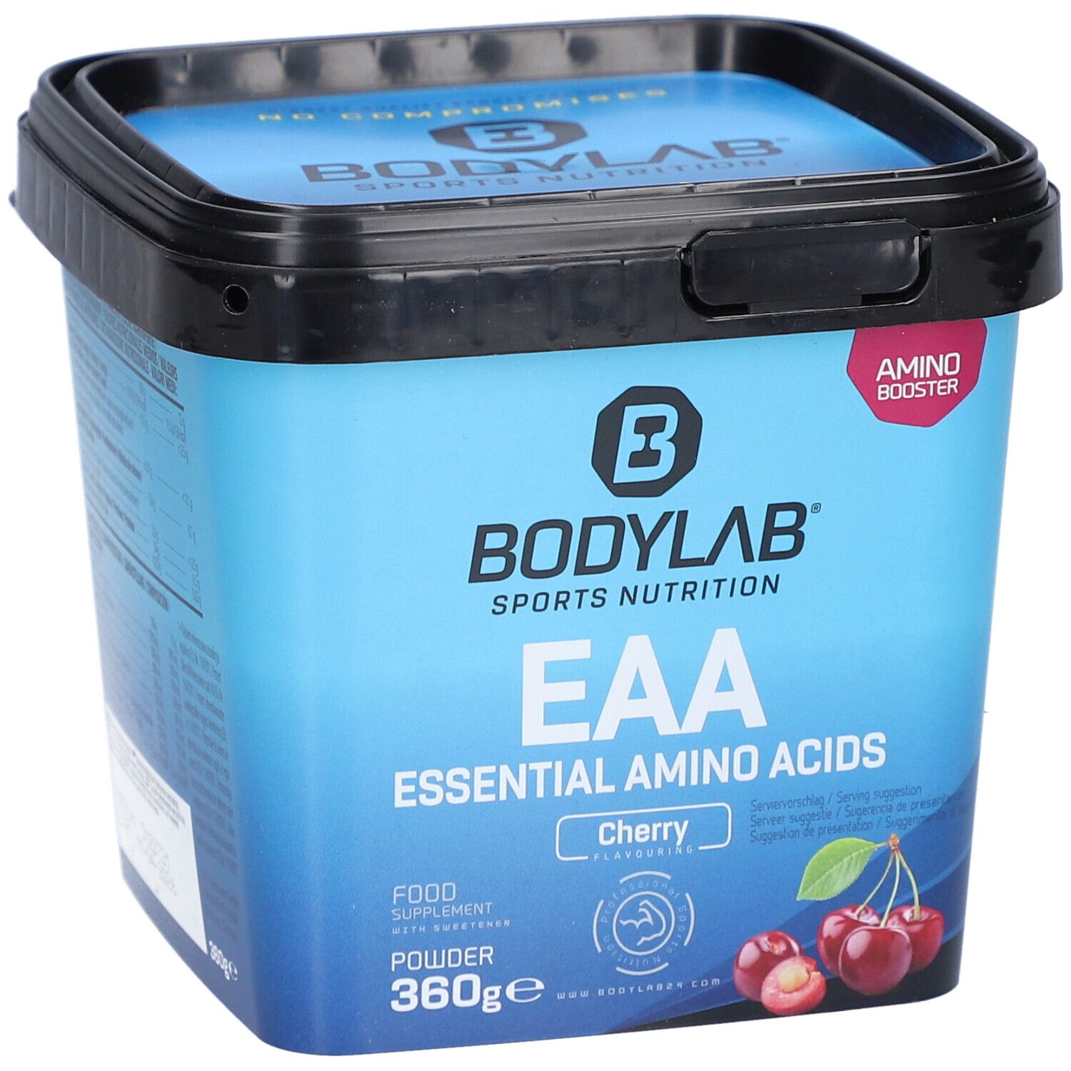 Blauer Eimer mit schwarzem Deckel. Aufschrift: BODYLAB EAA Essential Amino Acids, Kirsche. 360g Pulver. Kirschabbildung.
